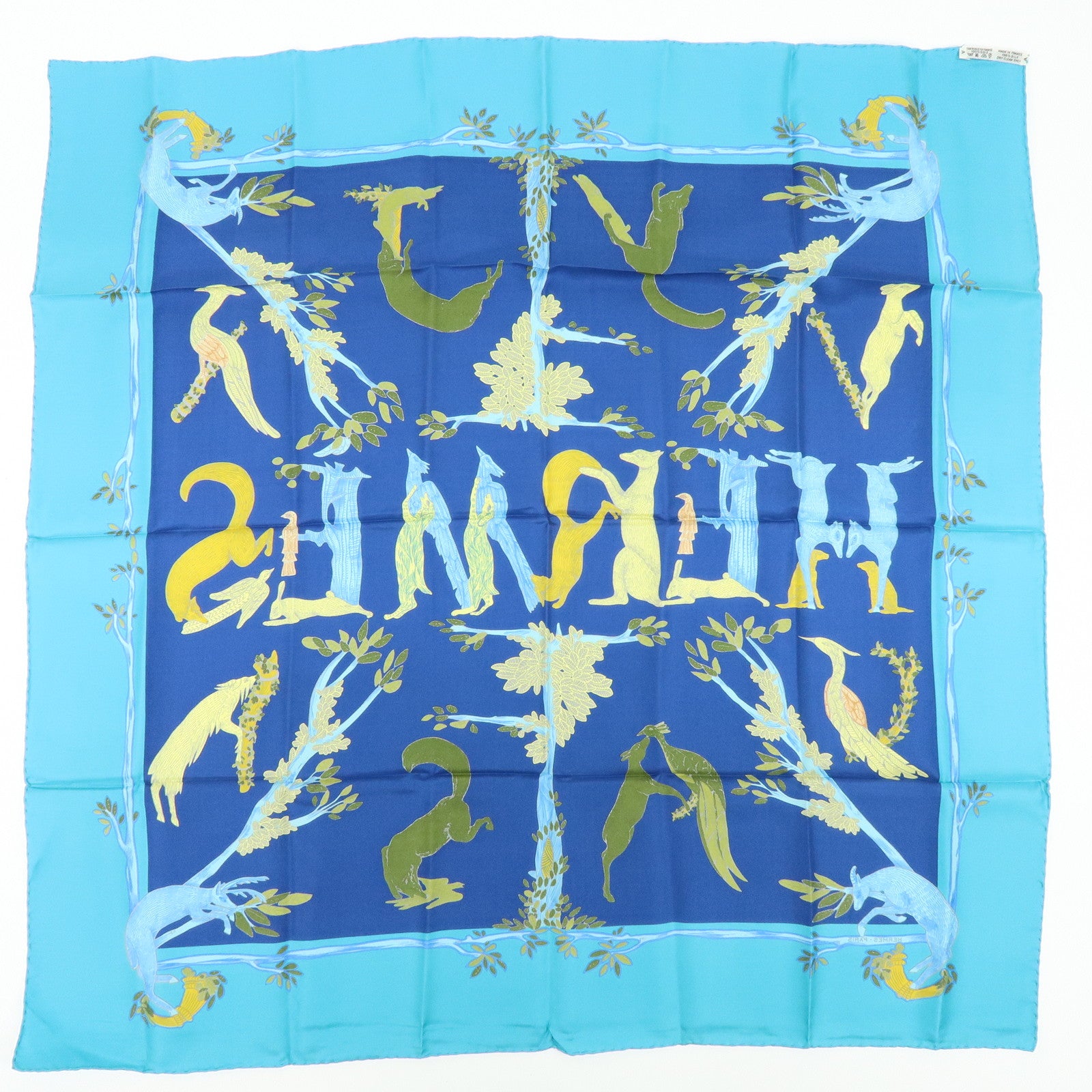 HERMES Carre 90 Silk 100% Scarf Annie Faivre Animal Print Blue