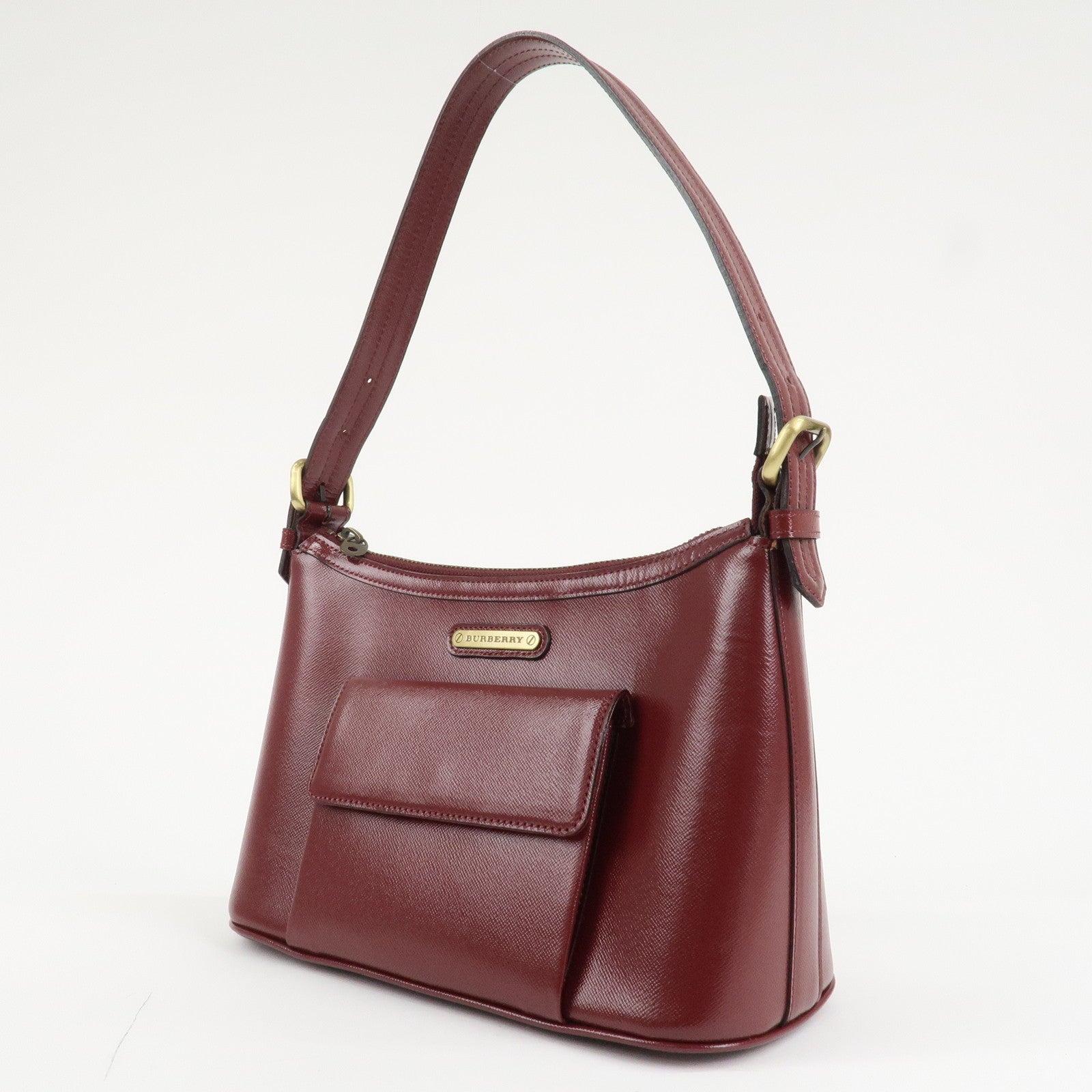 BURBERRY Logo Leather Shoulder Bag Hand Bag Bordeaux Gold Hardware Used