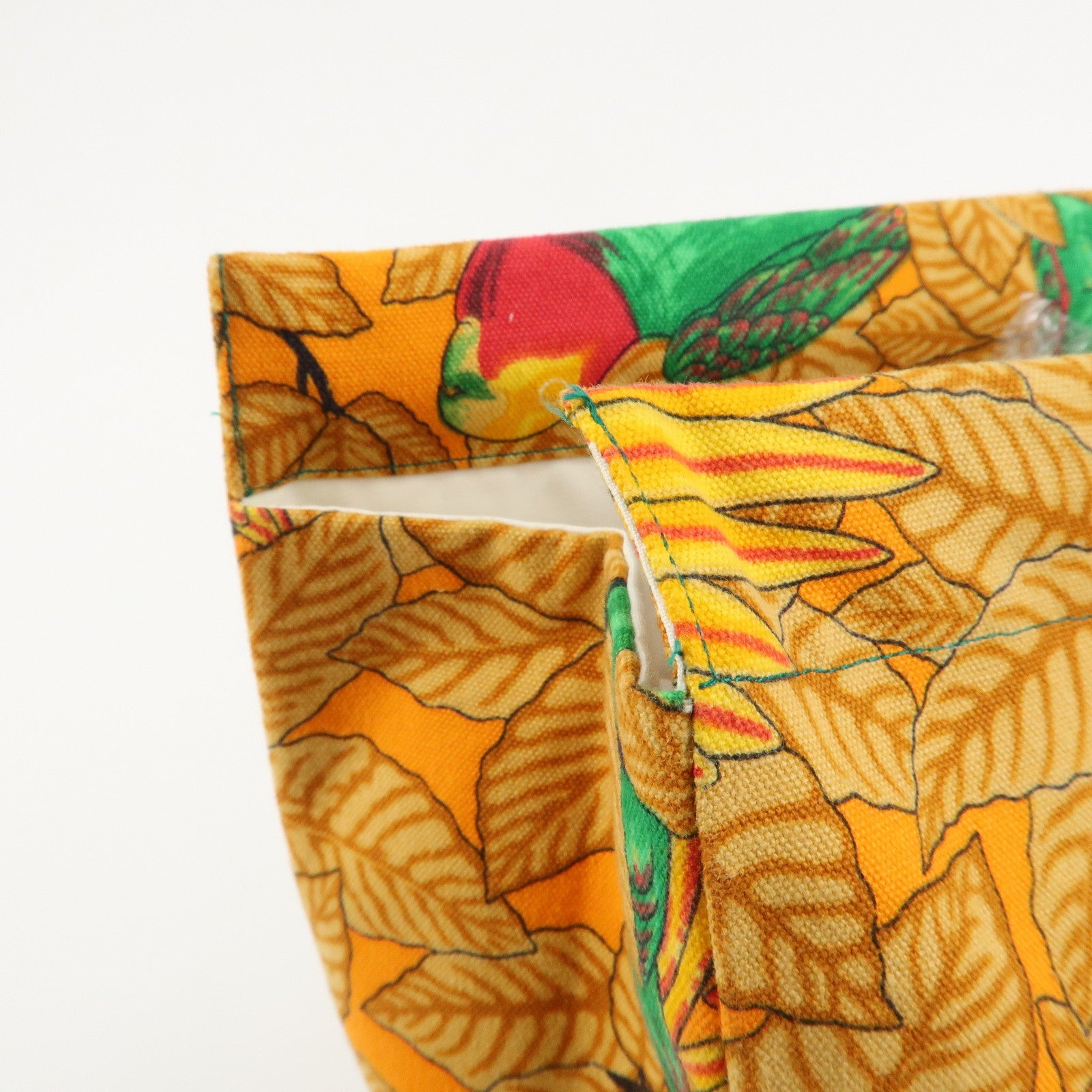 HERMES Cotton Canvas Tote Bag Shoulder Bag Parrot Pattern Orange Green Used