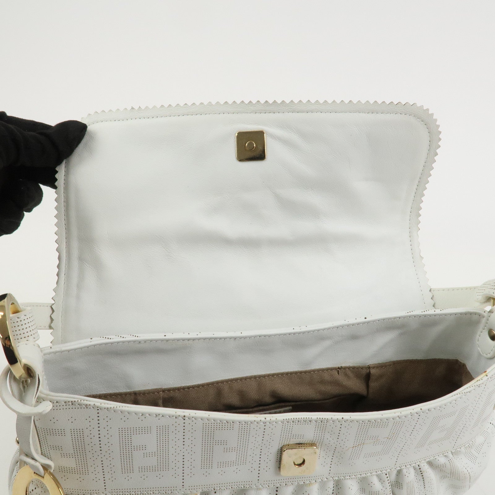 FENDI Zucca Logo Leather Shoulder Bag Hand Bag White 8BR445