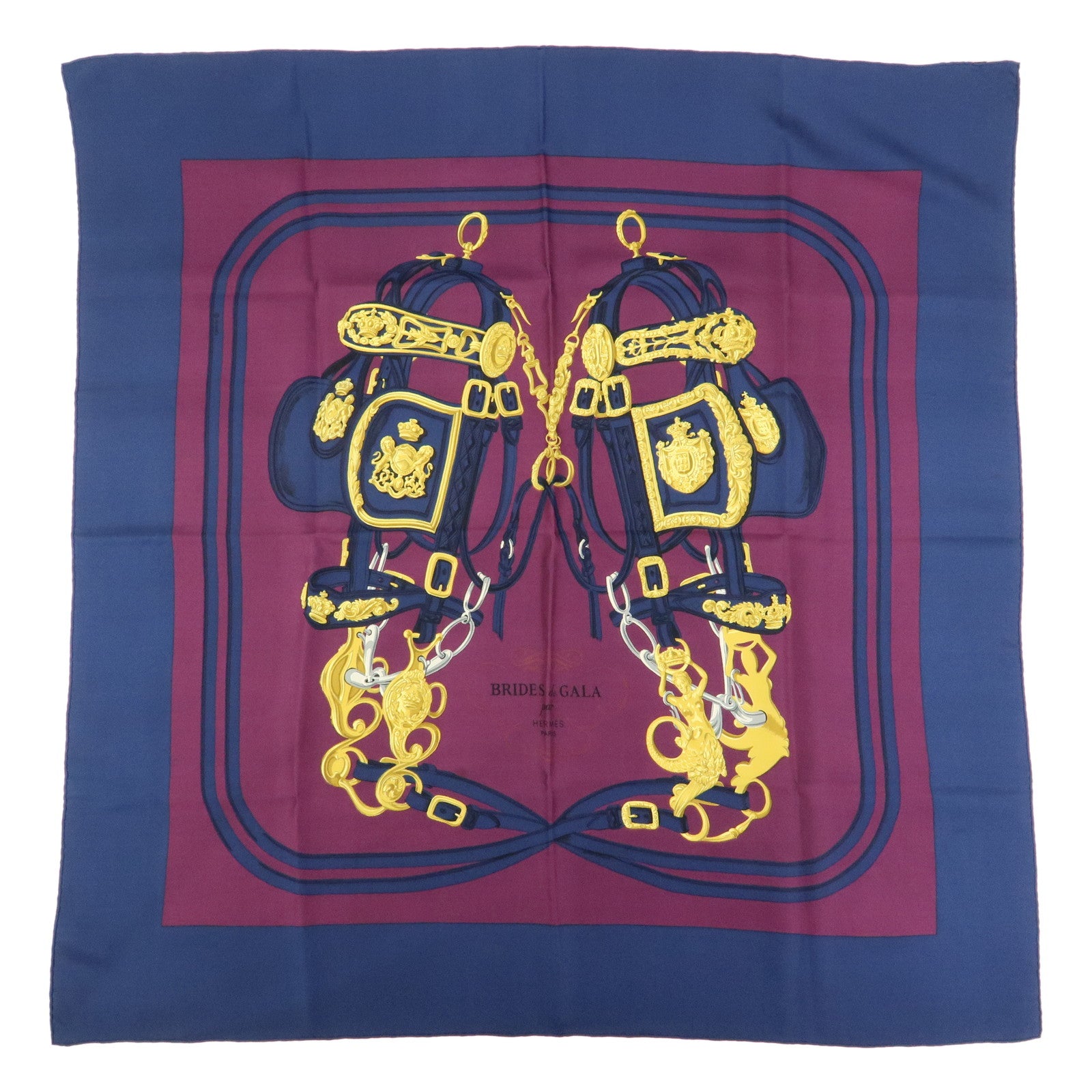 HERMES Carre 90 Silk 100% Scarf BRIDES DE GALA Navy Purple