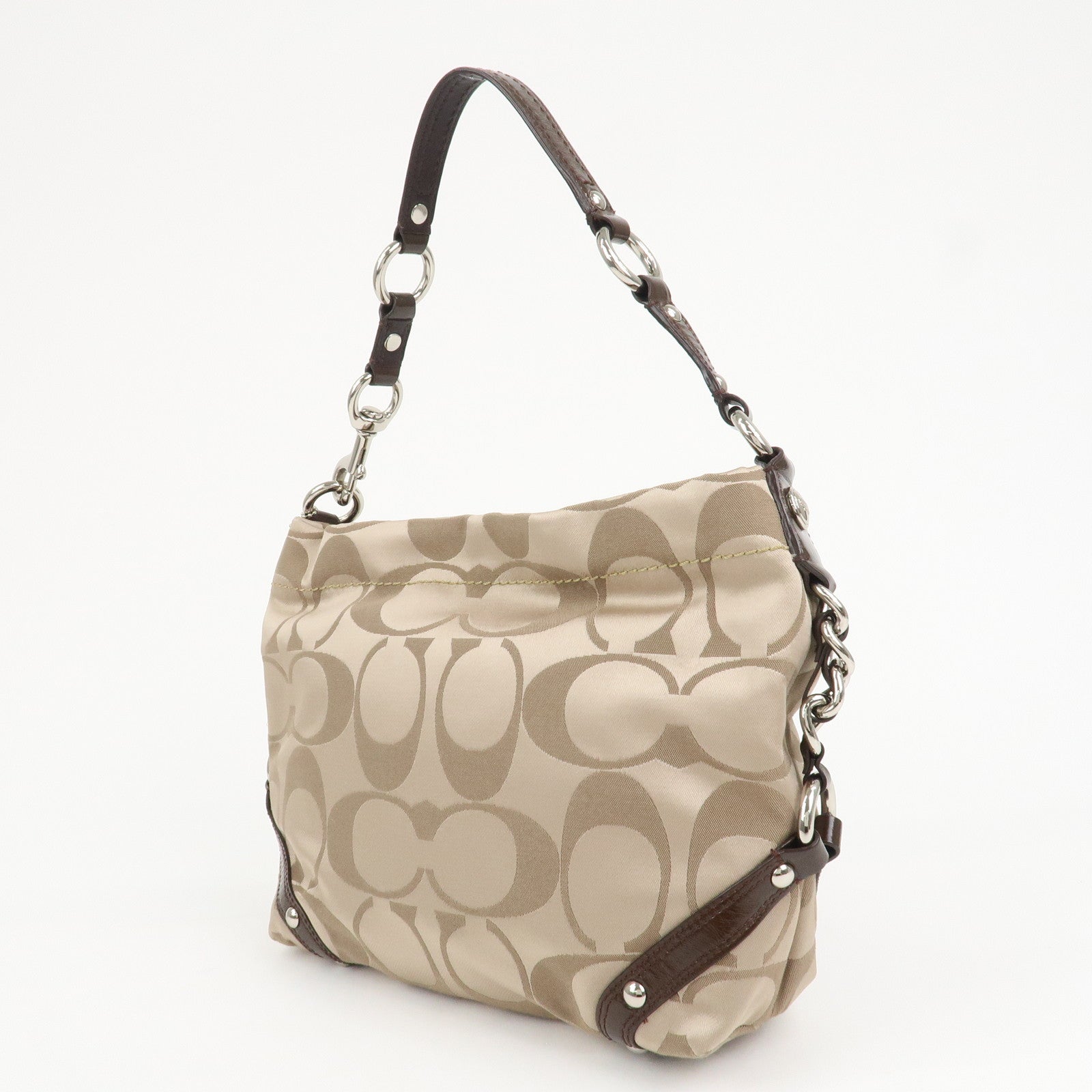 COACH Leather Satin Shoulder Bag Beige Brown F15250