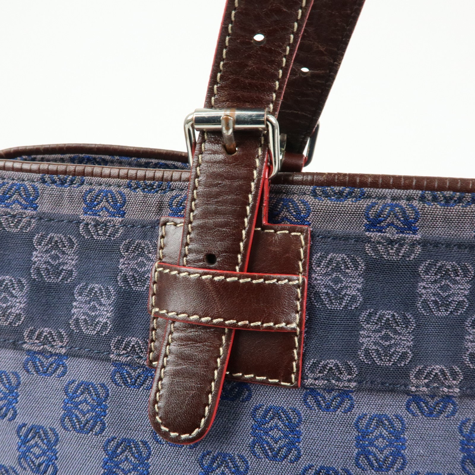 LOEWE Repeat Anagram Canvas Leather Tote Bag Hand Bag Blue Brown