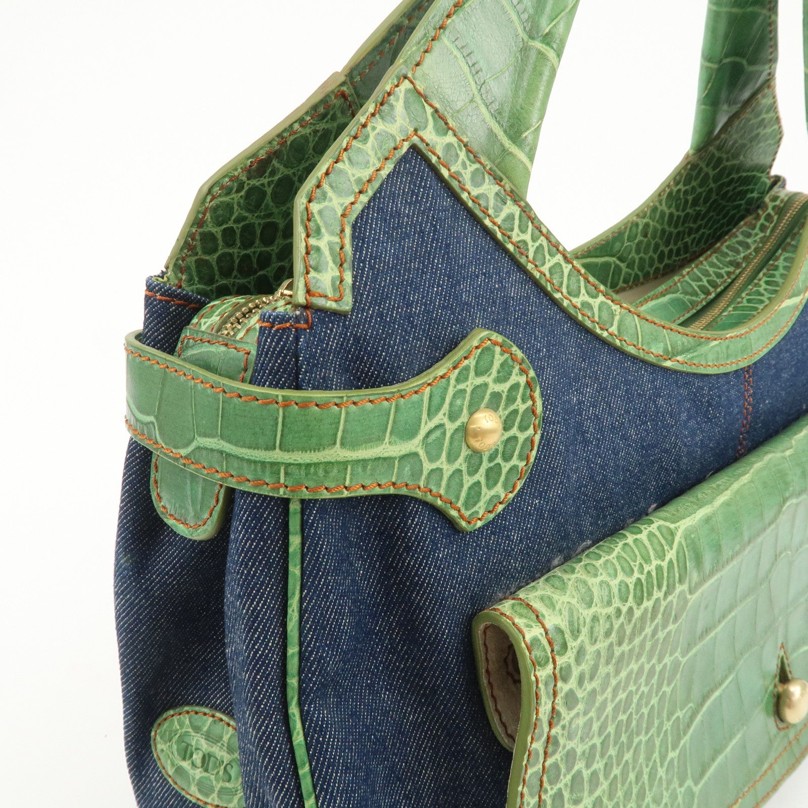 TOD’S Logo Denim Emboss Leather Hand Bag Shoulder Bag Blue Green