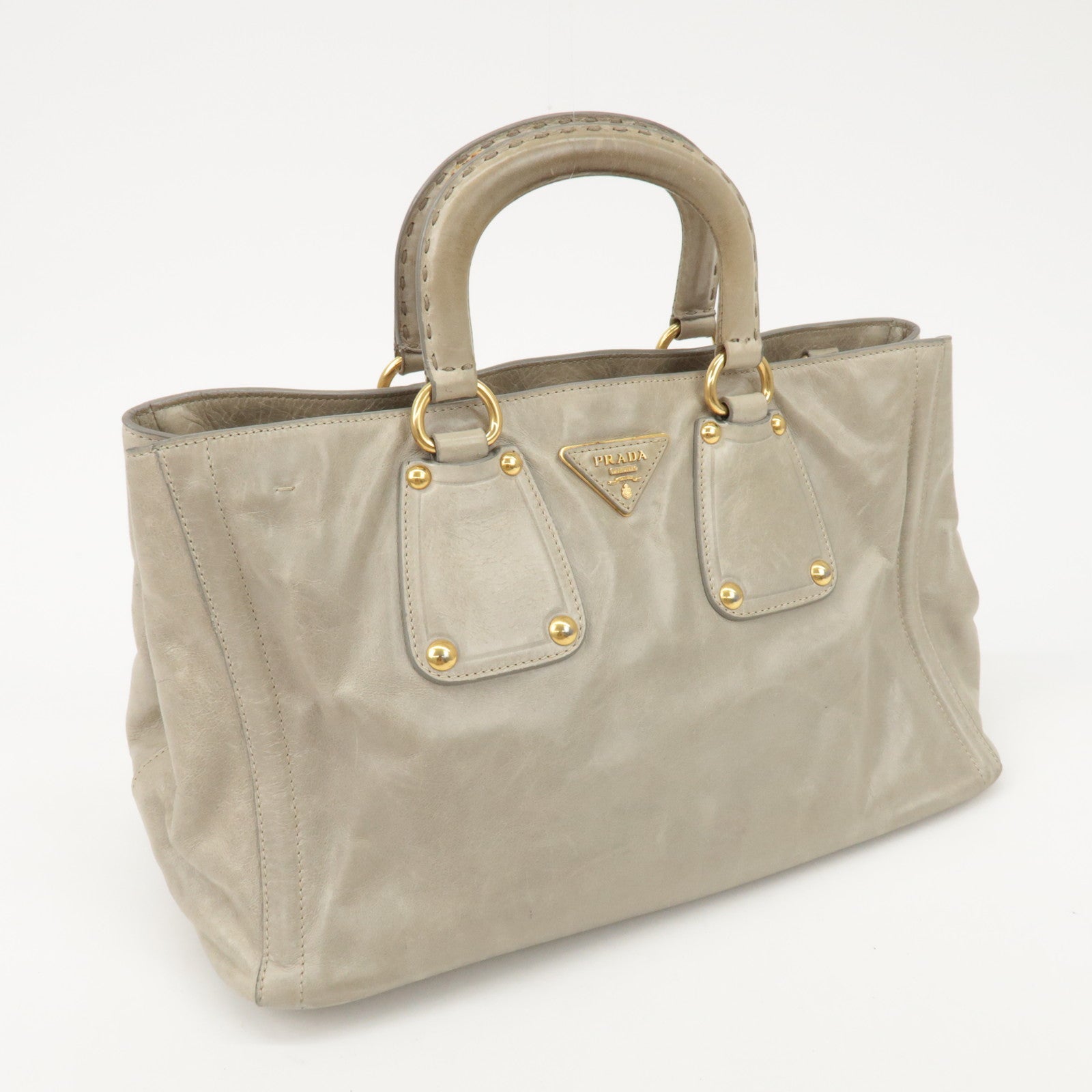 PRADA Triangle Logo Leather 2Way Bag Tote Bag Gray BN2104 Used