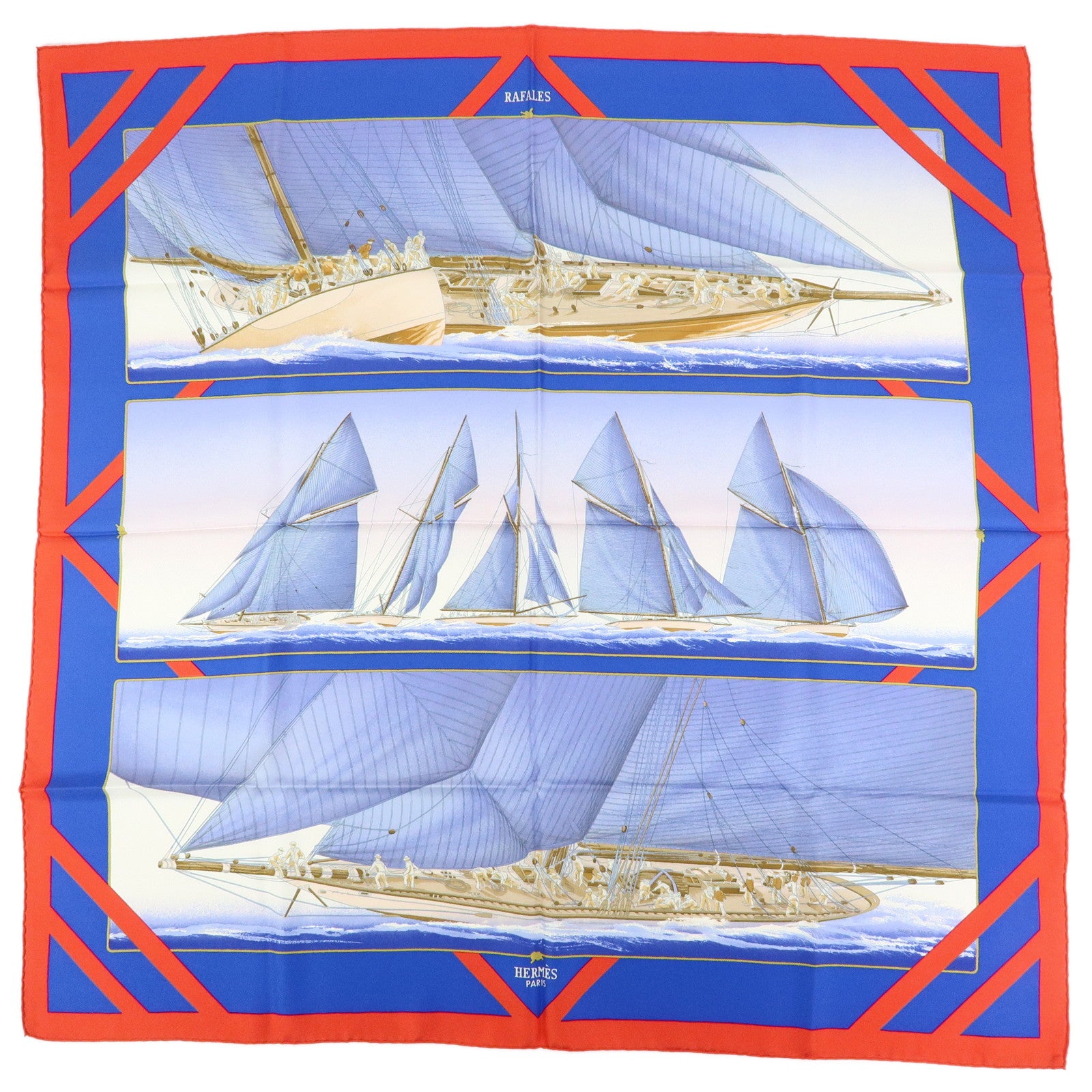 HERMES Carre 90 Silk 100% Scarf RAFALES Ship Print Blue Red