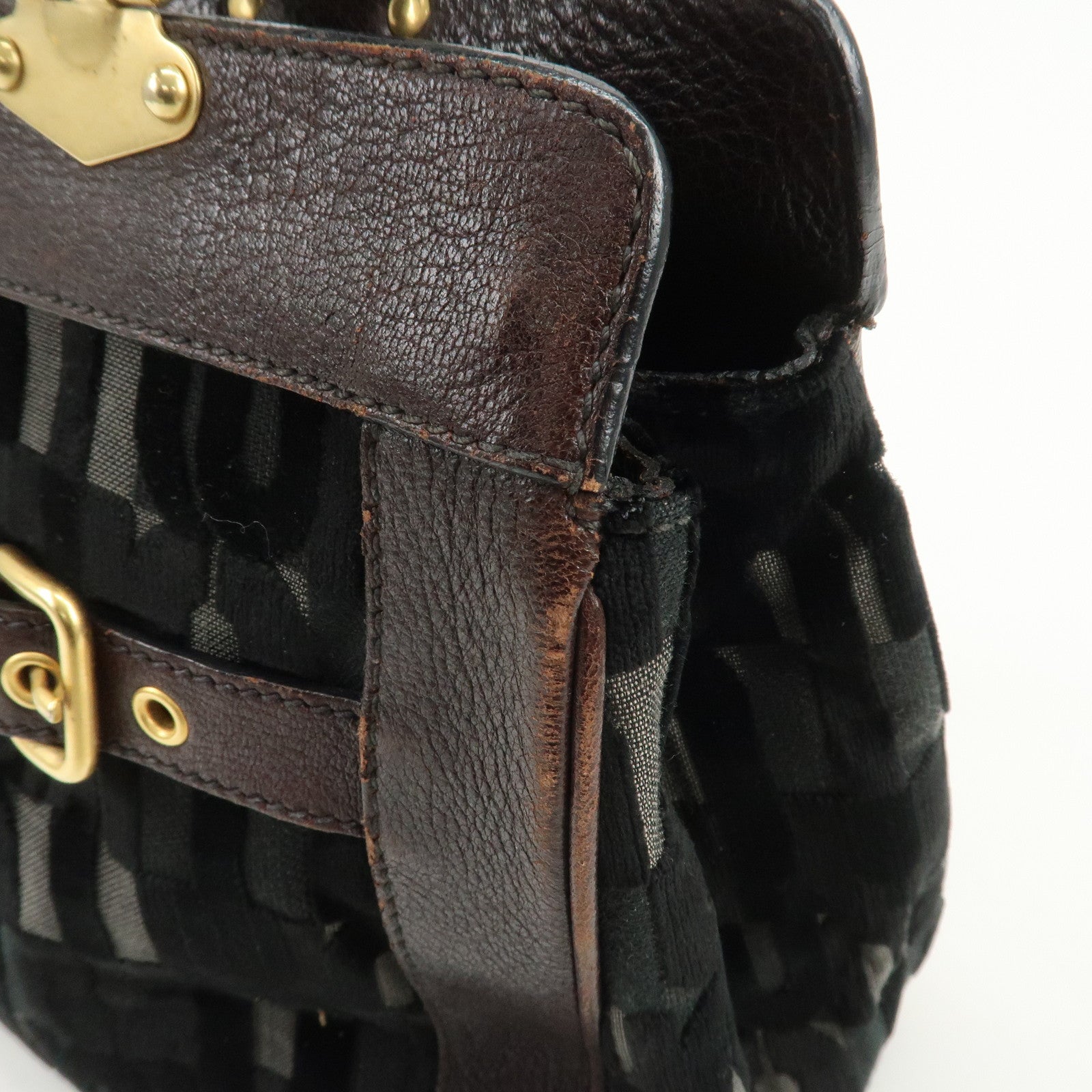 MIU MIU Logo Velour Leather Shoulder Bag Black Brown