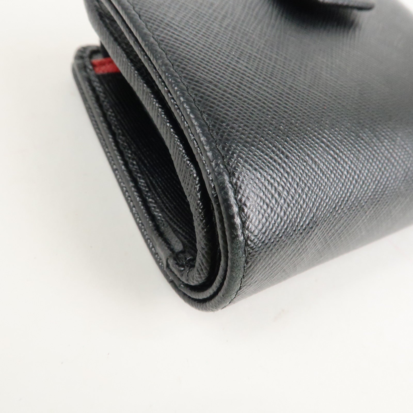 PRADA Saffiano Leather Bi-Fold Wallet Black Red Gold 1ML018 Used