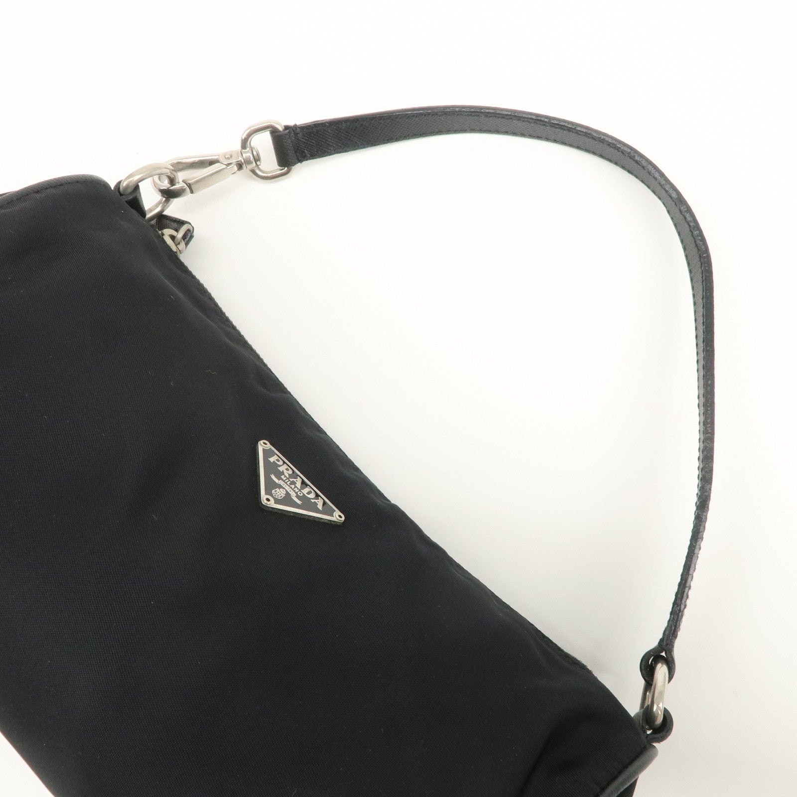 PRADA Triangle Logo Nylon Saffiano Leather Hand Bag Black