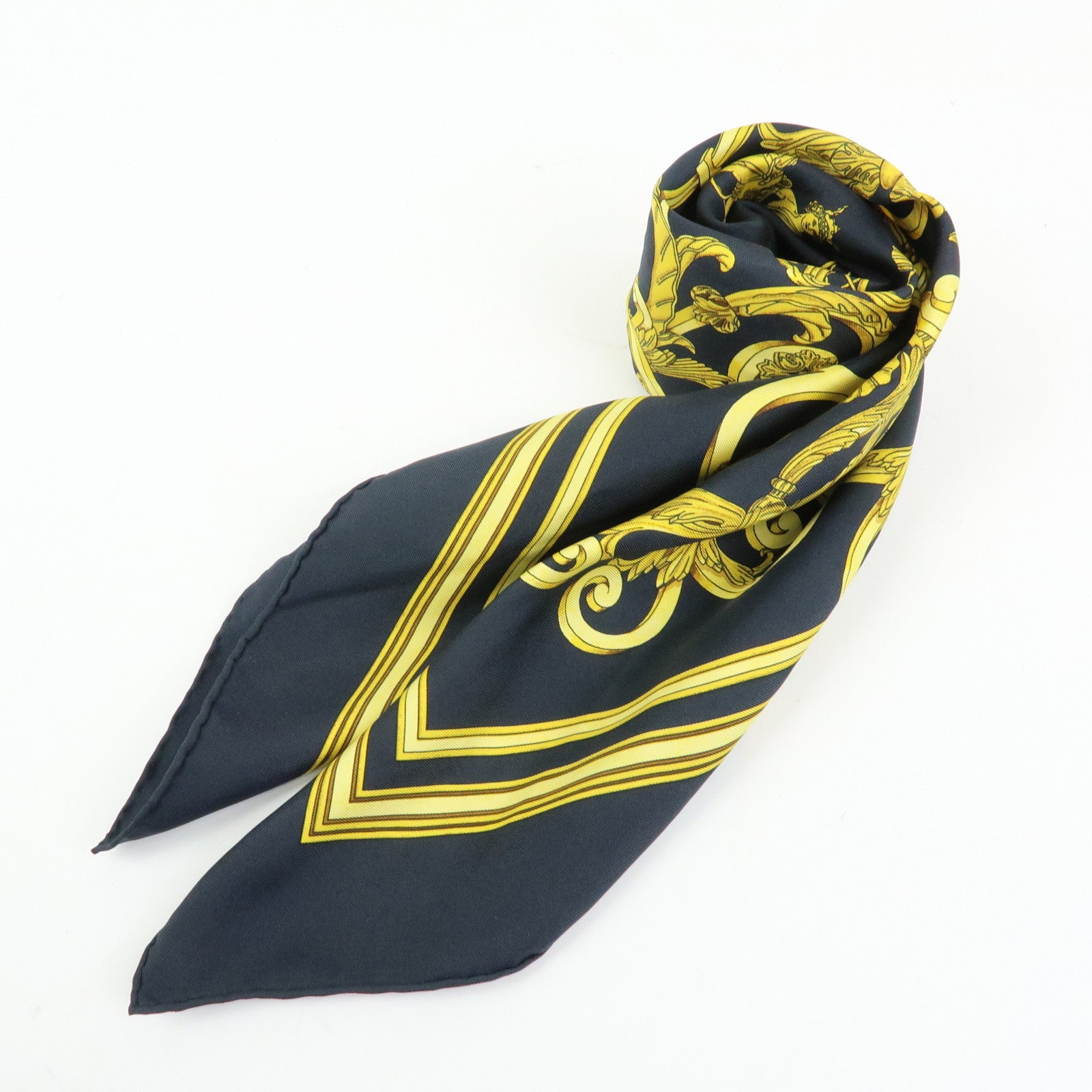 HERMES Carre 90 Silk 100% Scarf LES TUILERIES Black Gold