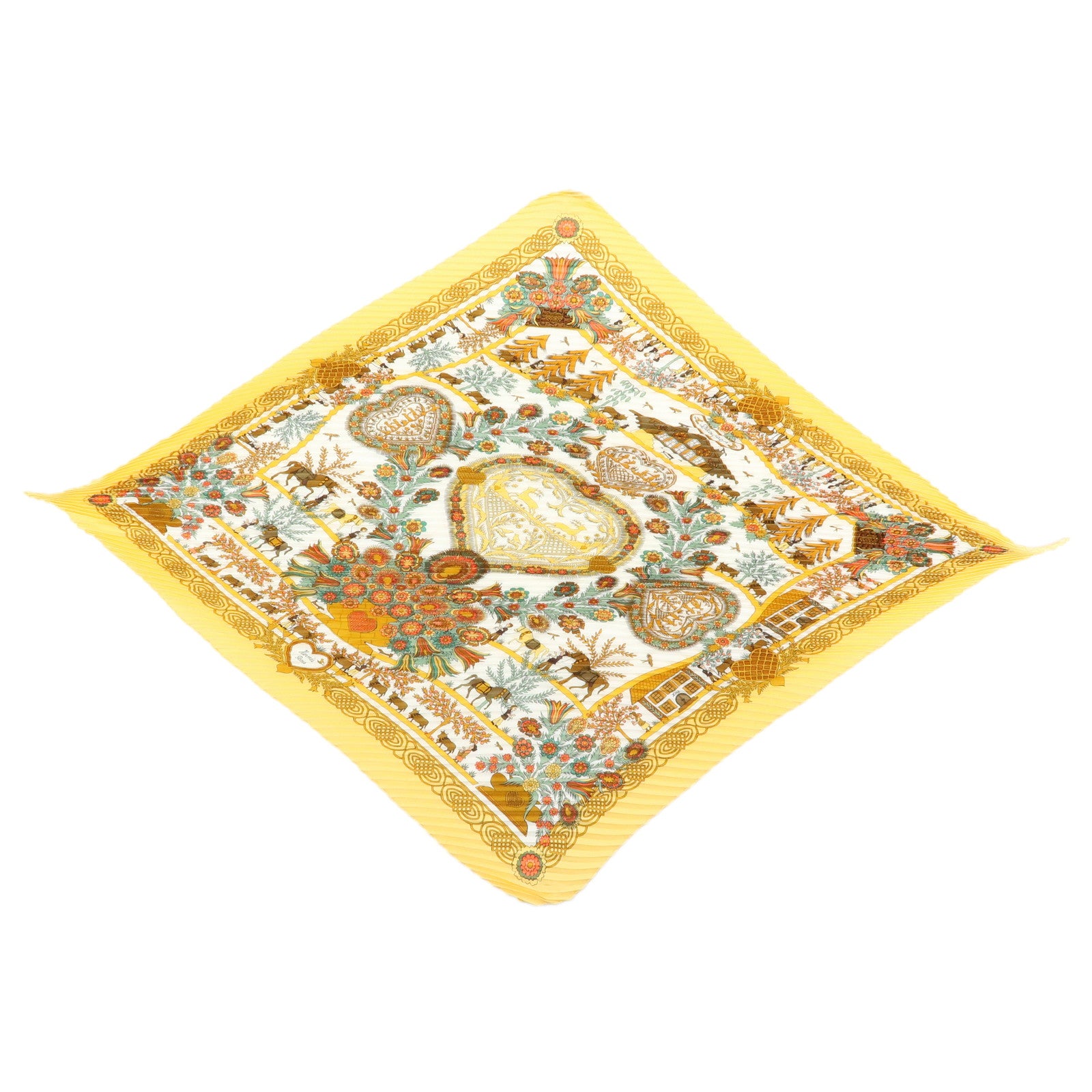 HERMES Pleated Carre 90 Silk 100% Scarf DECOUPAGES Yellow Brown