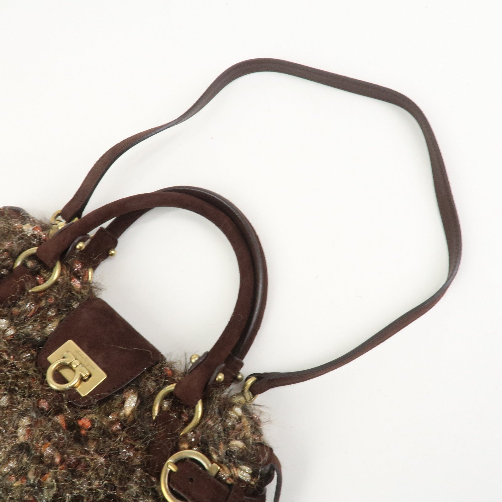 Ferragamo Gancini Wool Suede 2Way Bag Hand Bag Shoulder Bag Brown