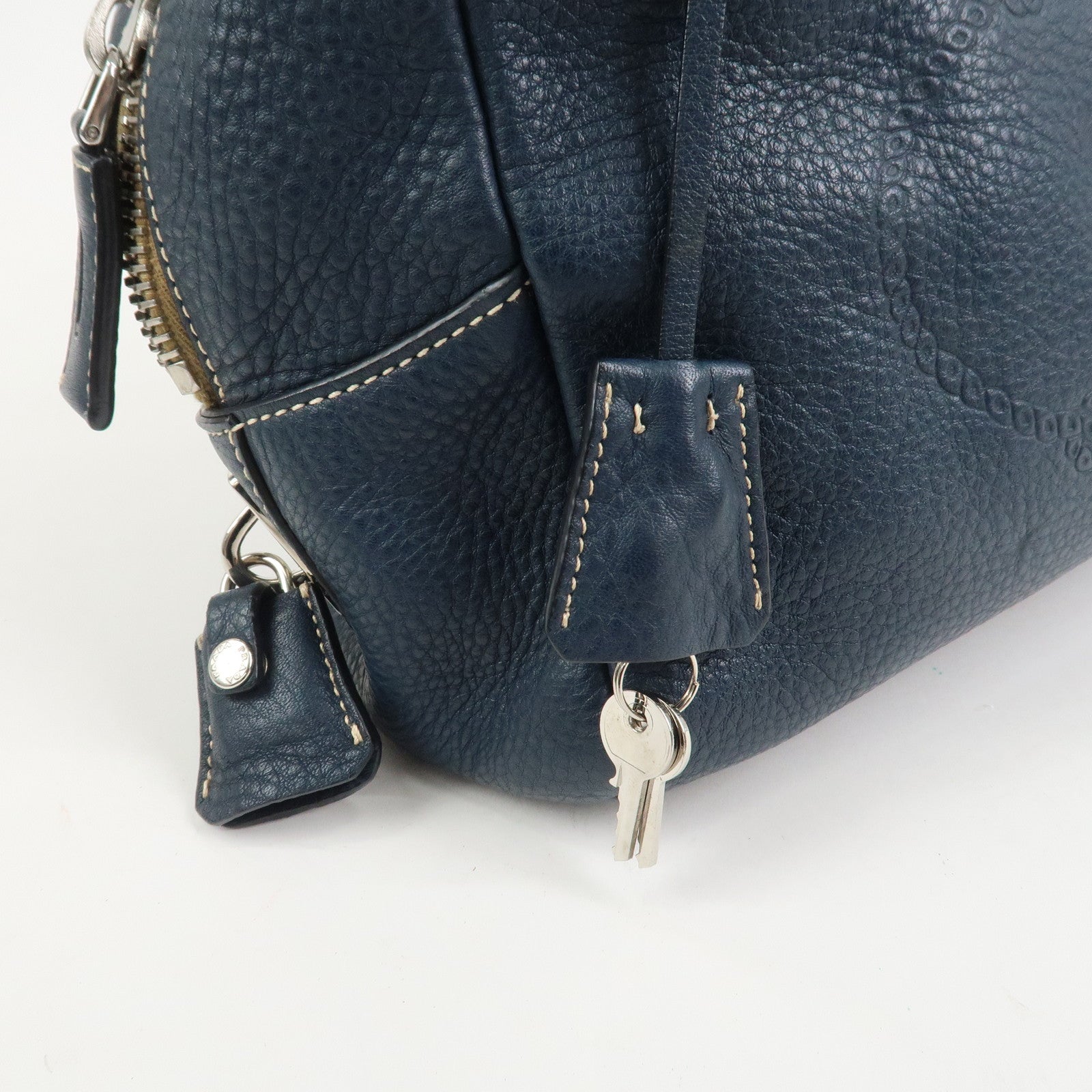 PRADA Logo Leather Boston Bag Hand Bag Navy BR3091
