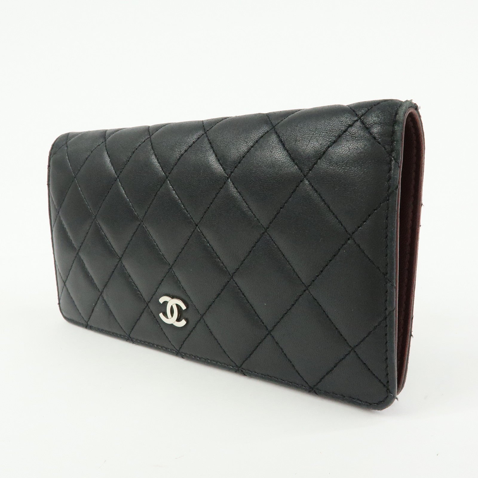 CHANEL Matelasse COCO Mark Lamb Skin Flap Bi-fold Long Wallet Black
