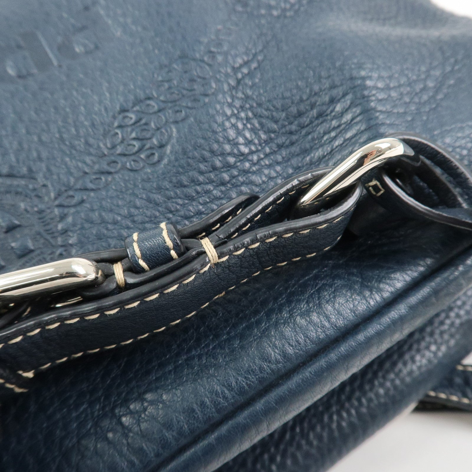 PRADA Logo Leather Boston Bag Hand Bag Navy BR3091