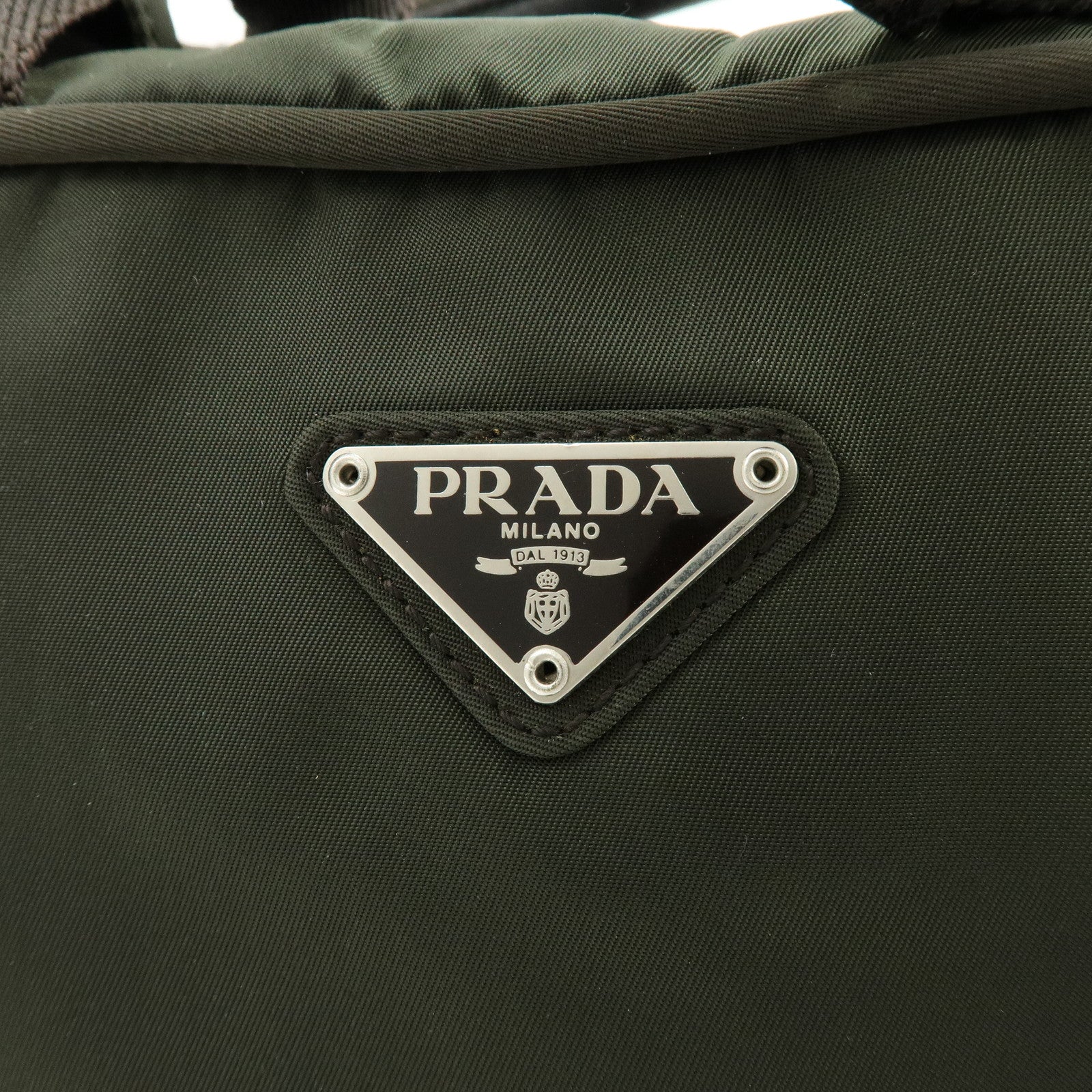 PRADA Triangle Logo Nylon Leather Hand Bag Tote Boston Bag Khaki