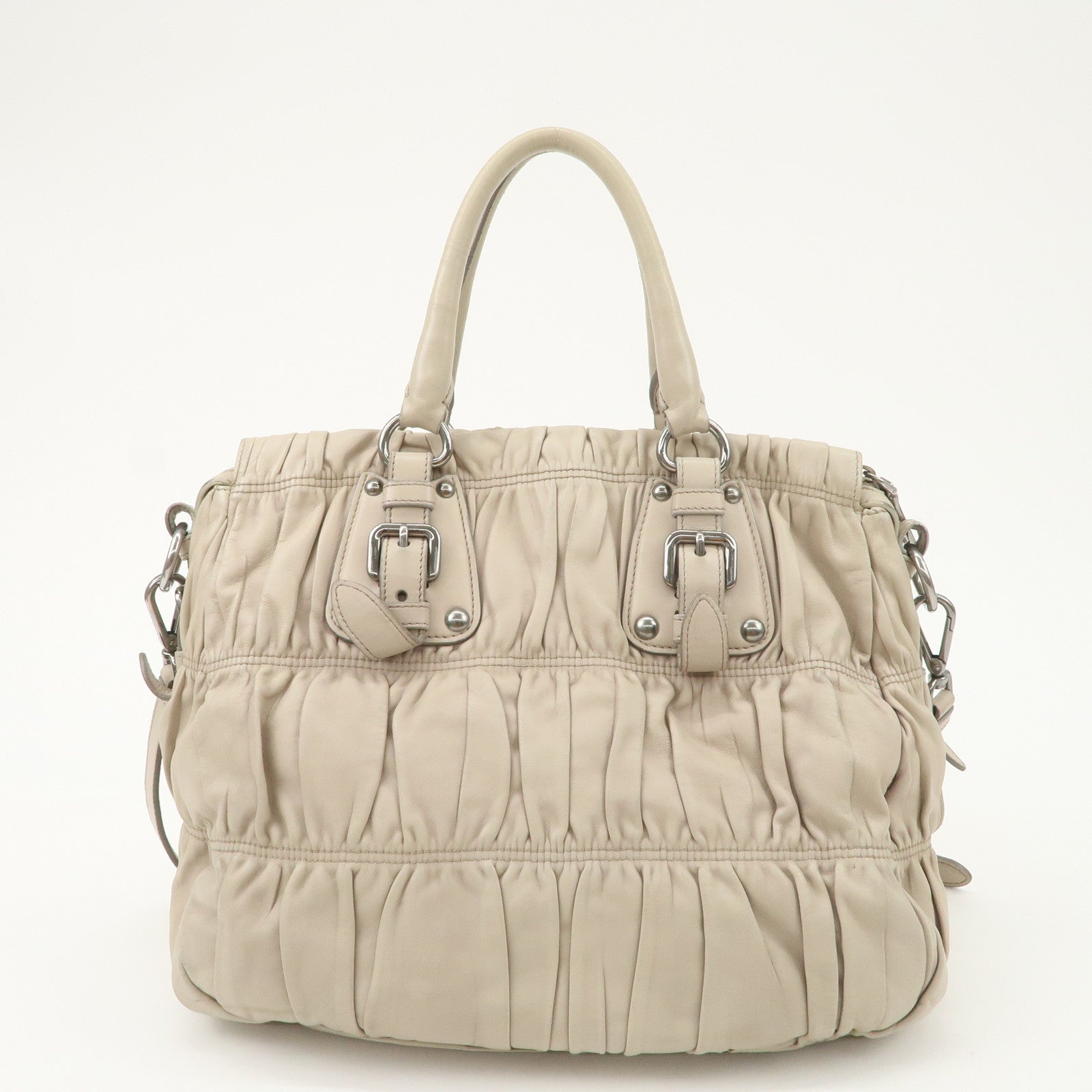 PRADA Logo Leather Gathered 2Way Hand Bag Beige BN1336
