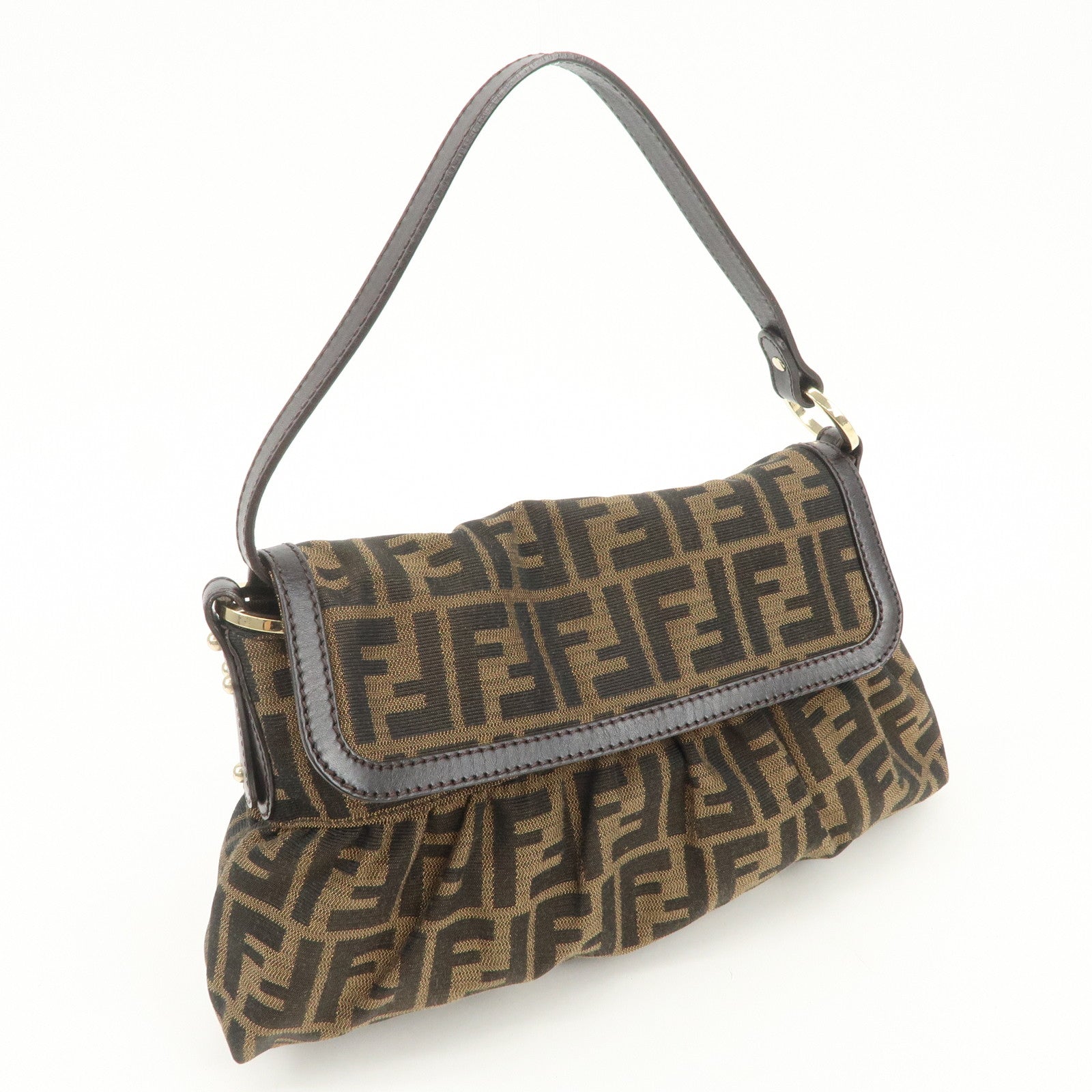 FENDI Zucca Canvas Leather Shoulder Bag Hand Bag Brown 8BR445
