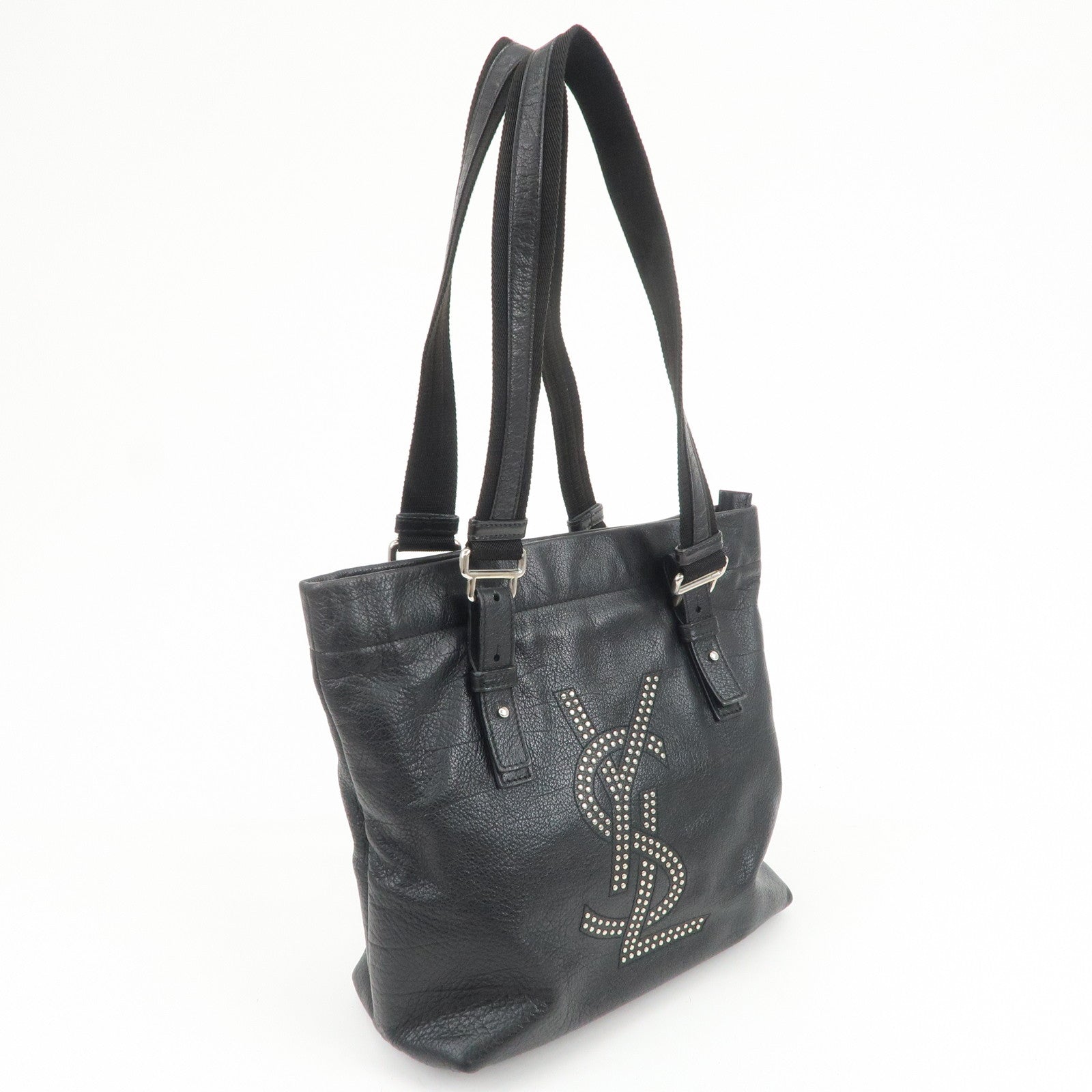 SAINT LAURENT PARIS Leather Canvas Tote Bag Hand Bag Shoulder Bag