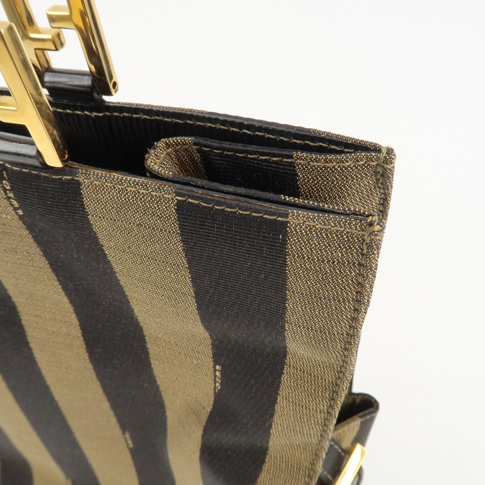 FENDI Pequin Canvas Leather Tote Bag Shoulder Bag Black Brown 26397