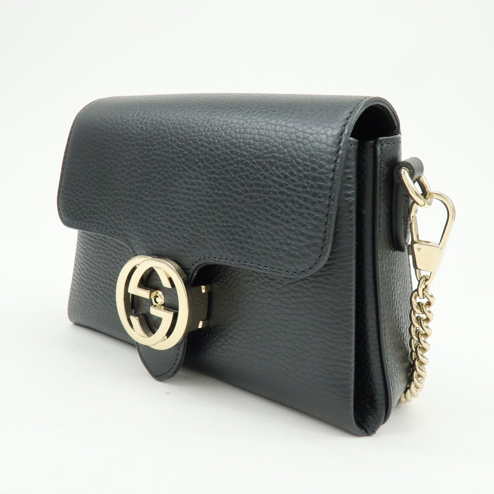 GUCCI Logo Interlocking G Leather Chain Shoulder Bag Black 607720