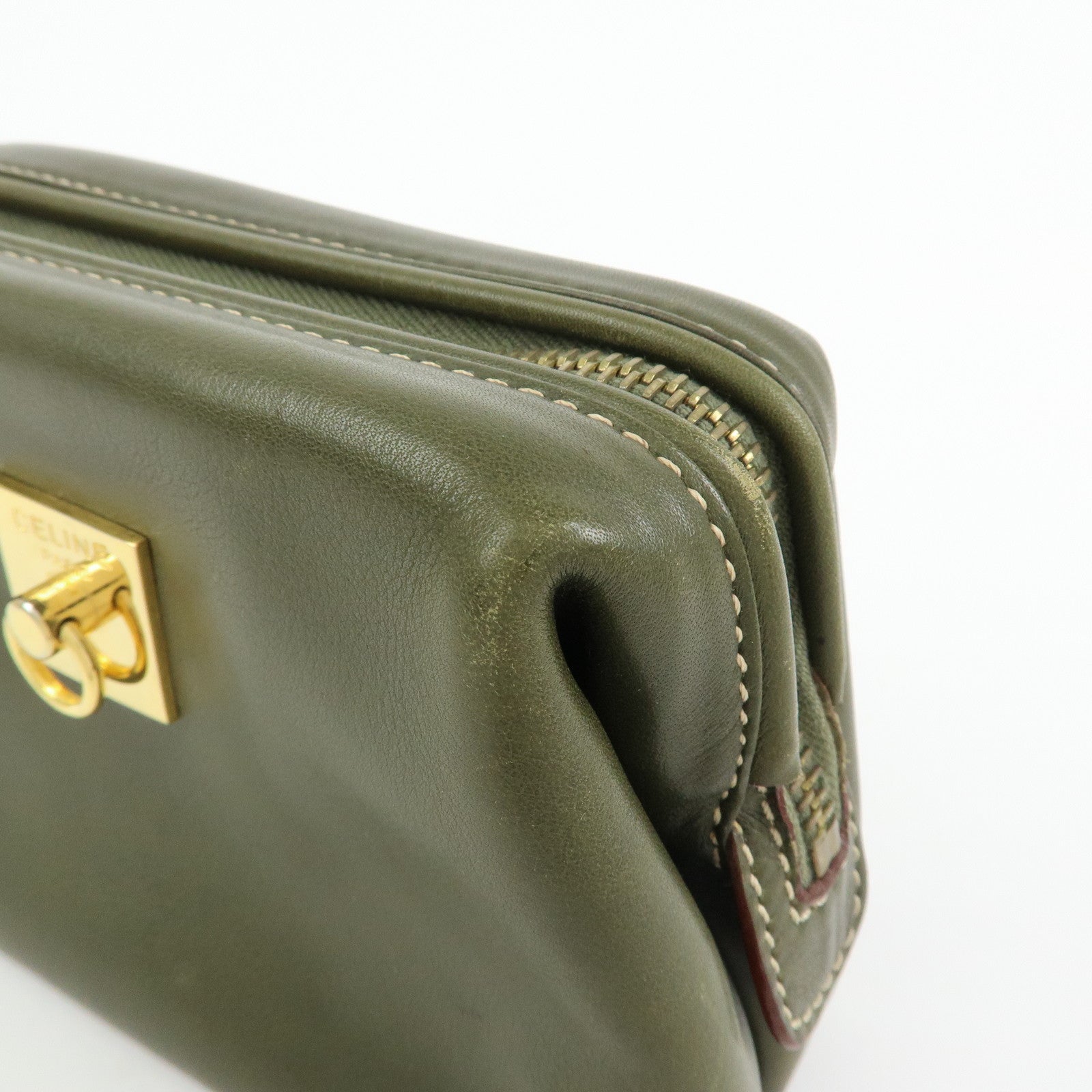 CELINE Logo Leather Accessory Pouch Cosmetic Case Khaki