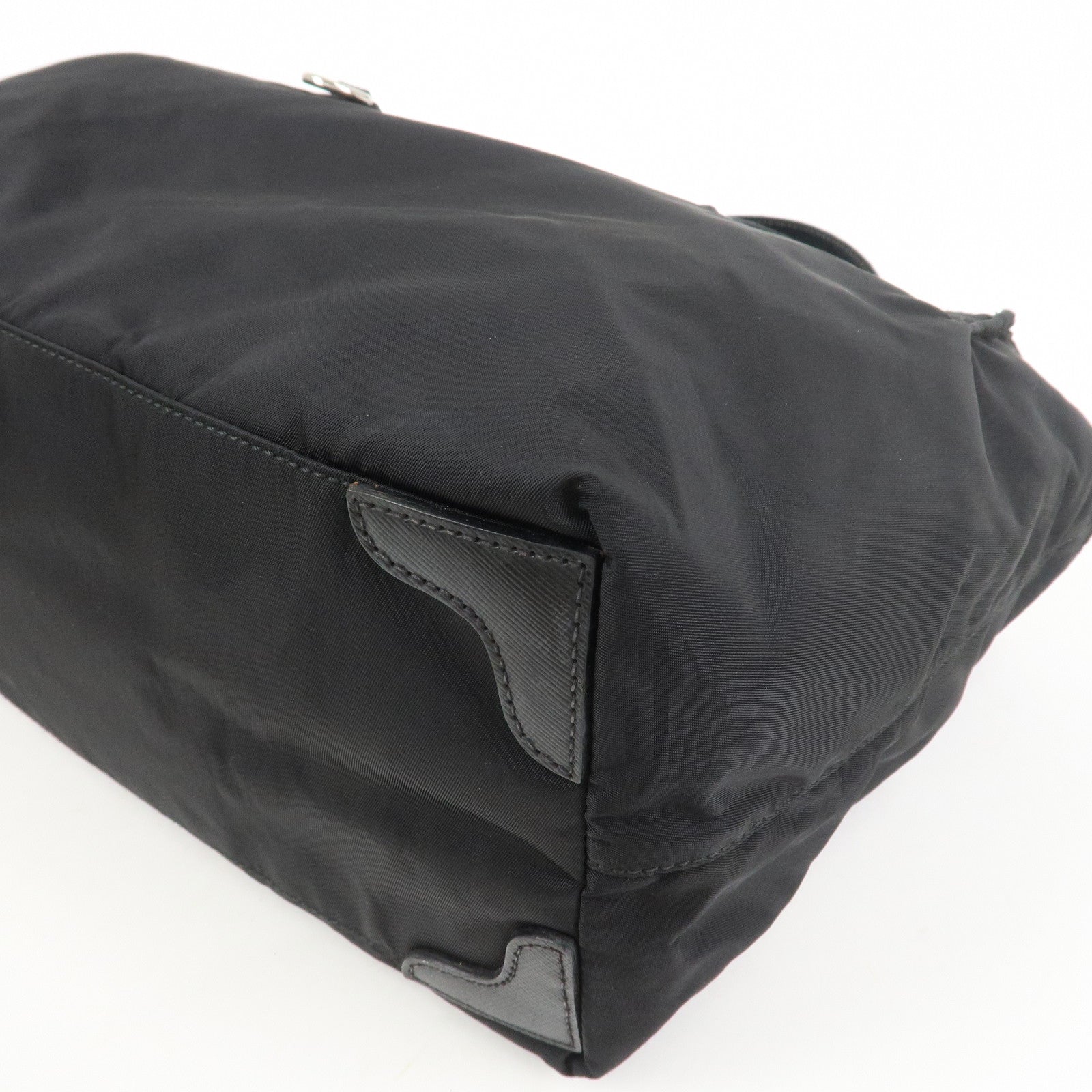 PRADA Triangle Logo Nylon Saffiano Leather Tote Shoulder Bag Black