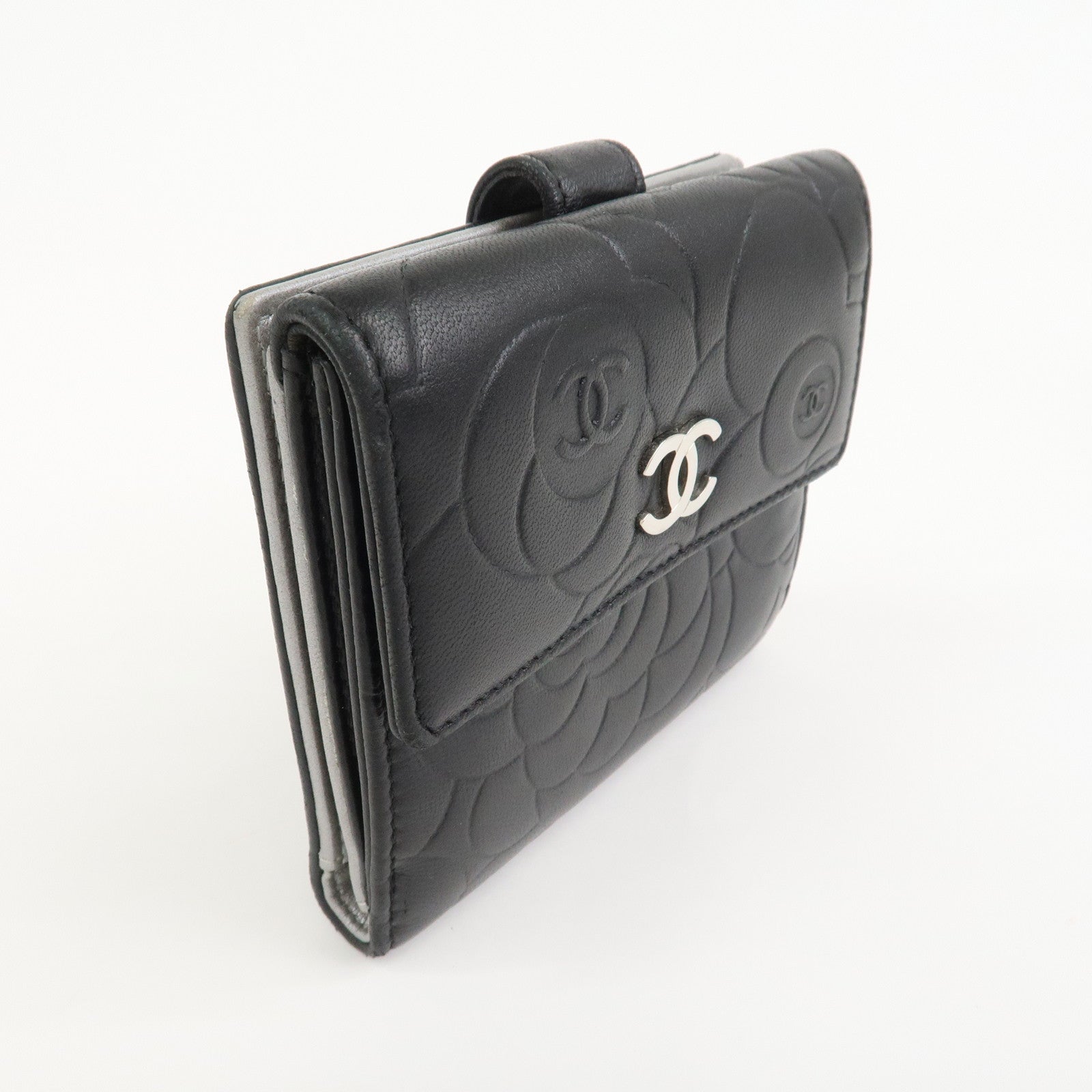 CHANEL Camellia COCO Mark Lamb Skin Compact Wallet Black