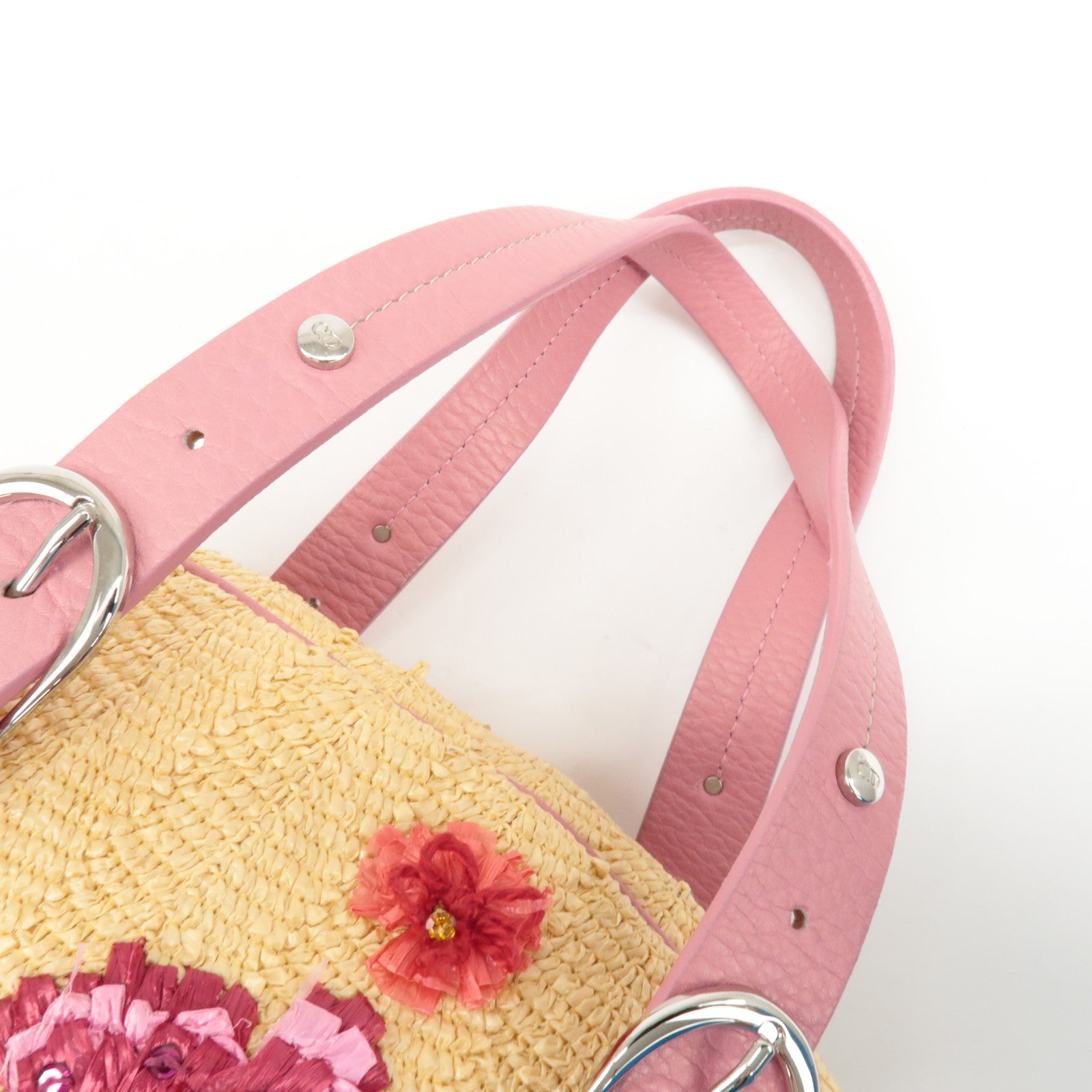 Christian Dior Leather Raffia Straw Hand Bag Pink Natural Used