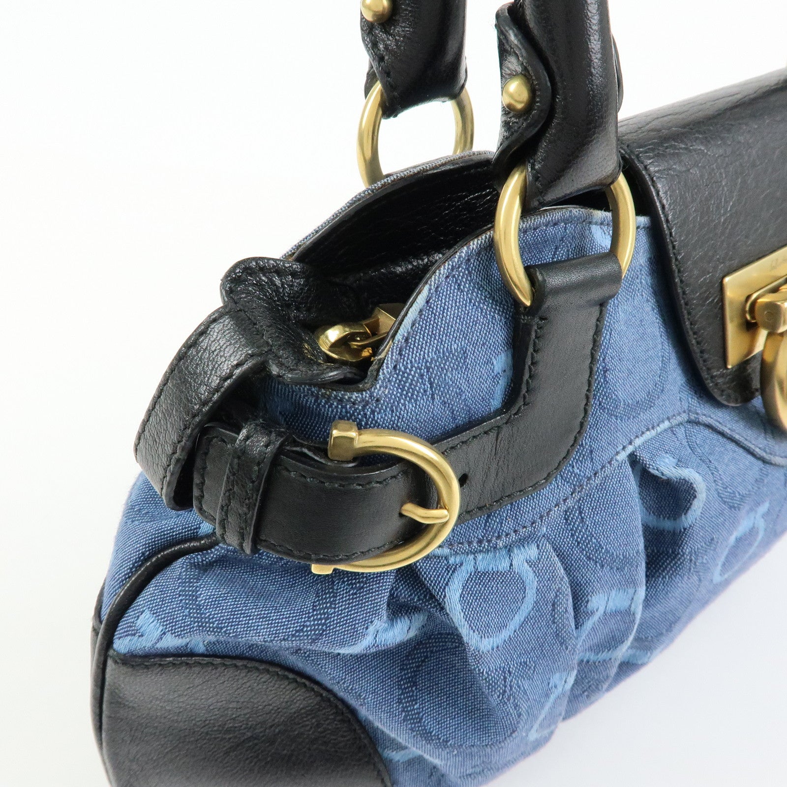 Ferragamo Gancini Canvas Leather Hand Bag Shoulder Bag Blue Black