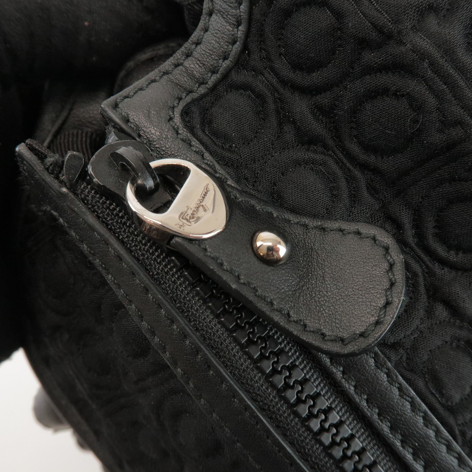 Ferragamo Gancini Canvas Leather Hand Bag Shoulder Bag Black