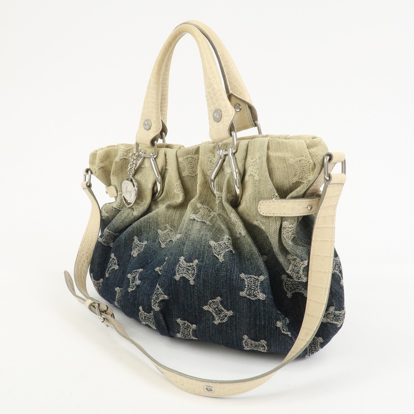 CELINE Macadam Denim Embossed Leather 2WAY Bag Hand Bag Blue Ivory