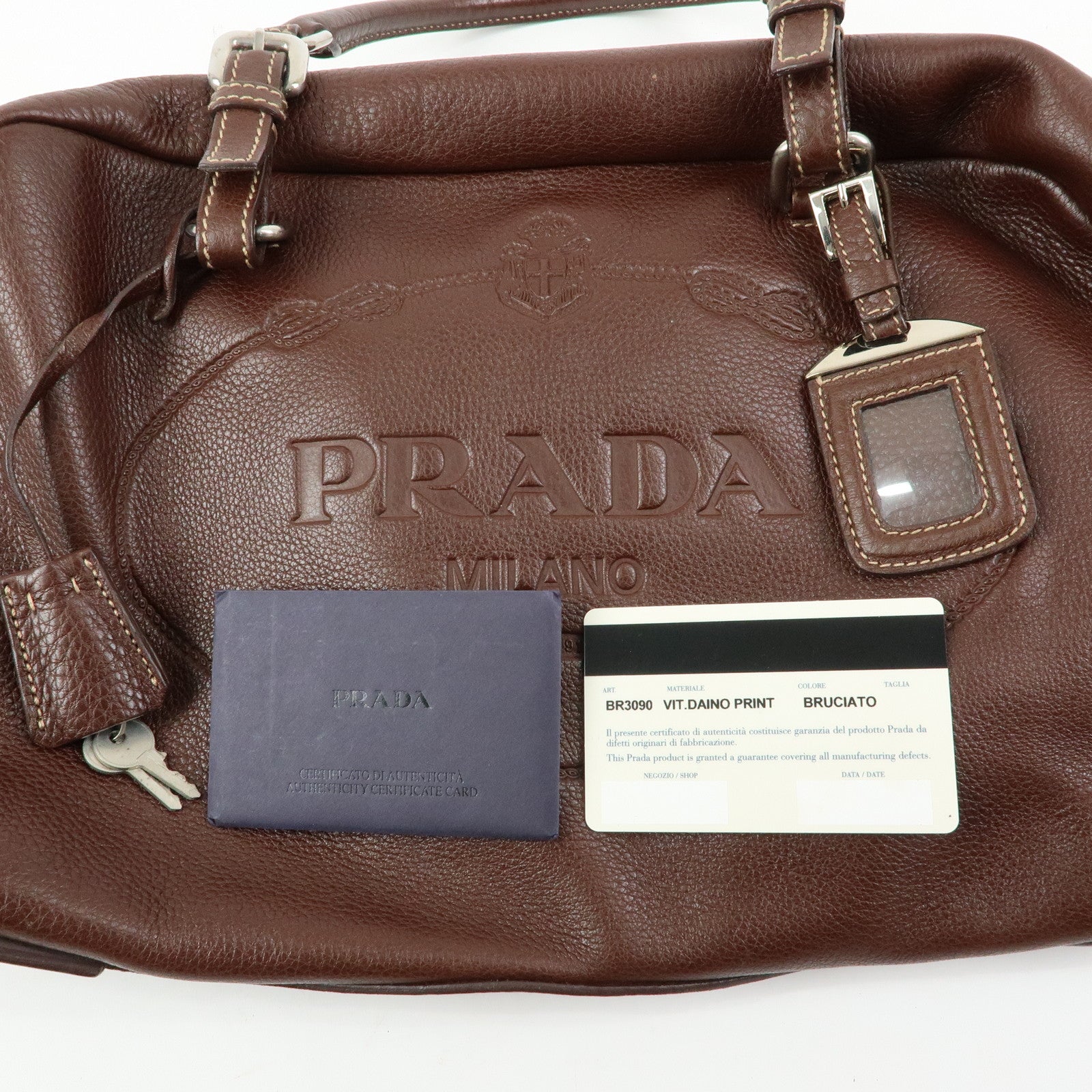 PRADA Vitello Daino Leather Boston Bag Hand Bag Brown BR3090