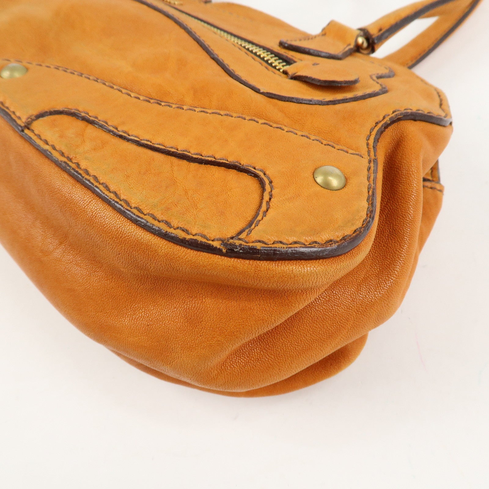 MIUMIU Logo Leather Shoulder Bag Boston Bag Hand Bag Gold HDW Brown Used