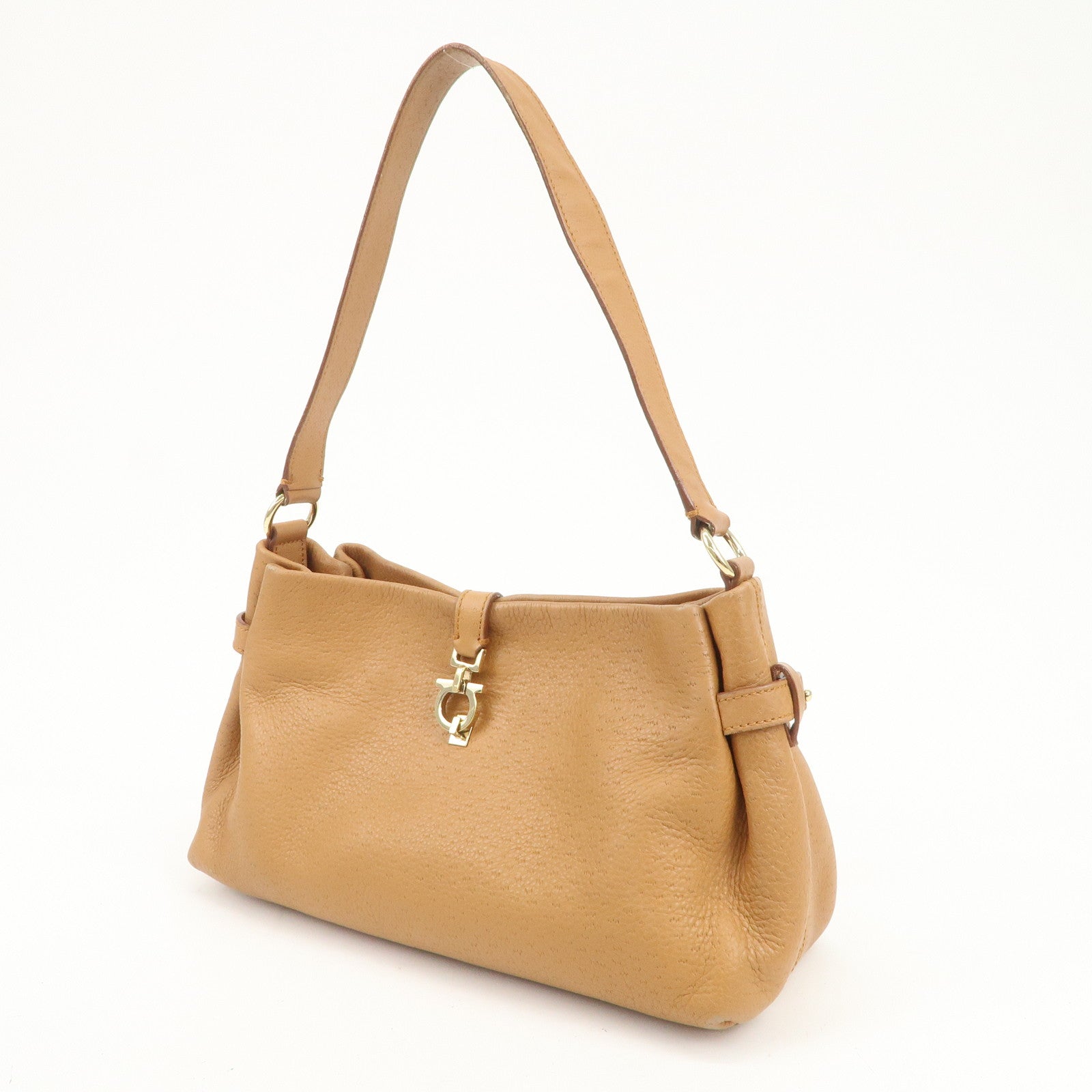 Ferragamo Gancini Leather Shoulder Bag Hand Bag Brown Gold
