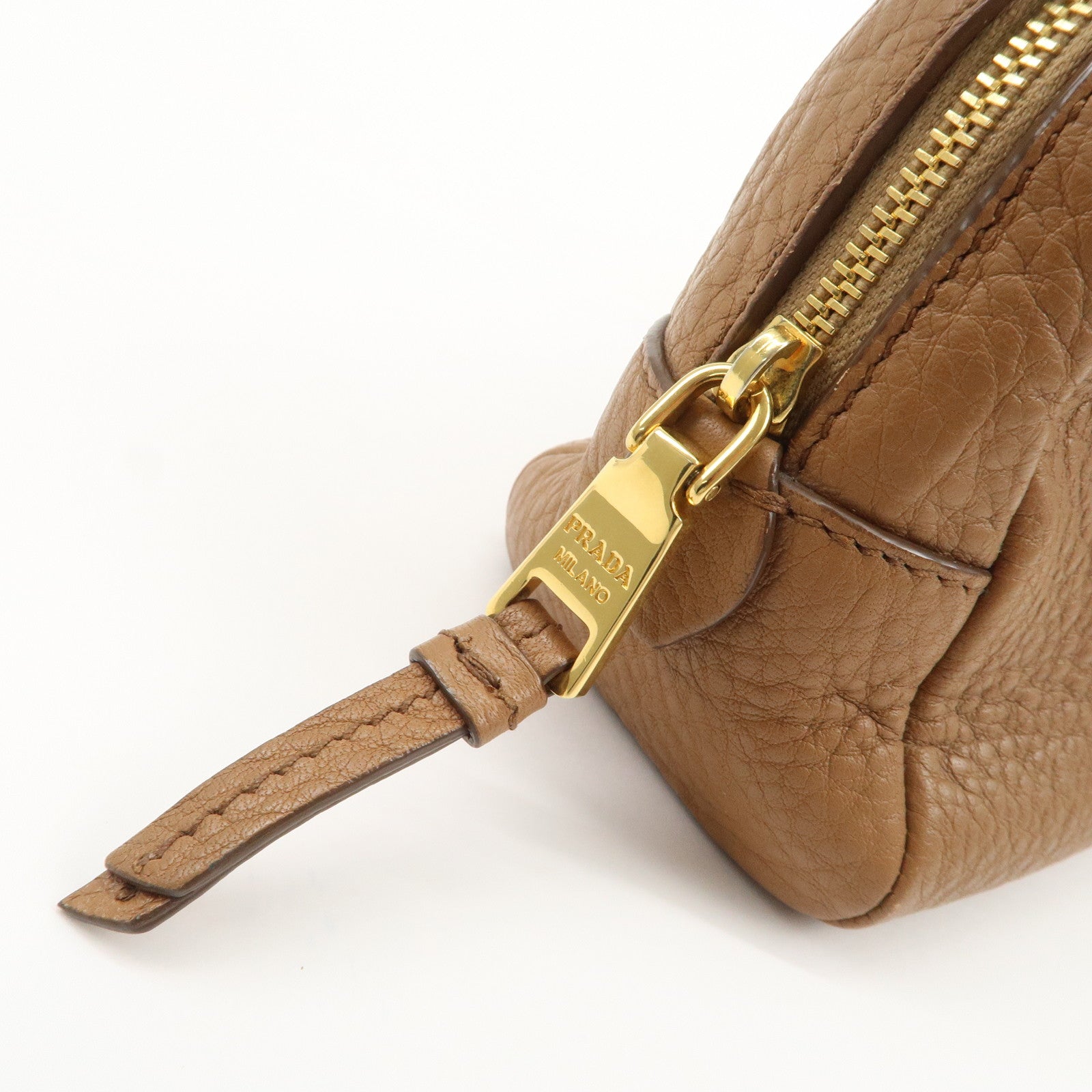 PRADA Logo Leather Pouch Cosmetic Pouch Camel
