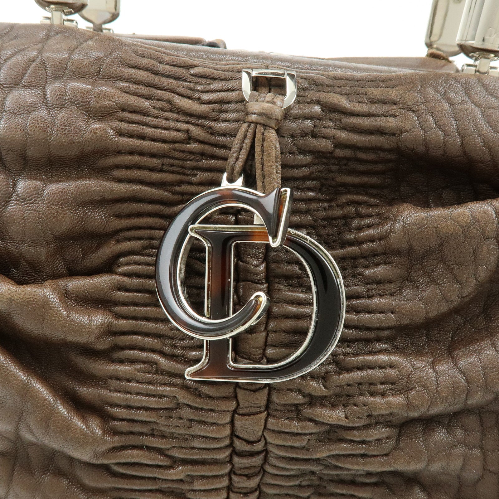 Christian Dior Embossed Gathered Leather Boston Bag Hand Bag Brown