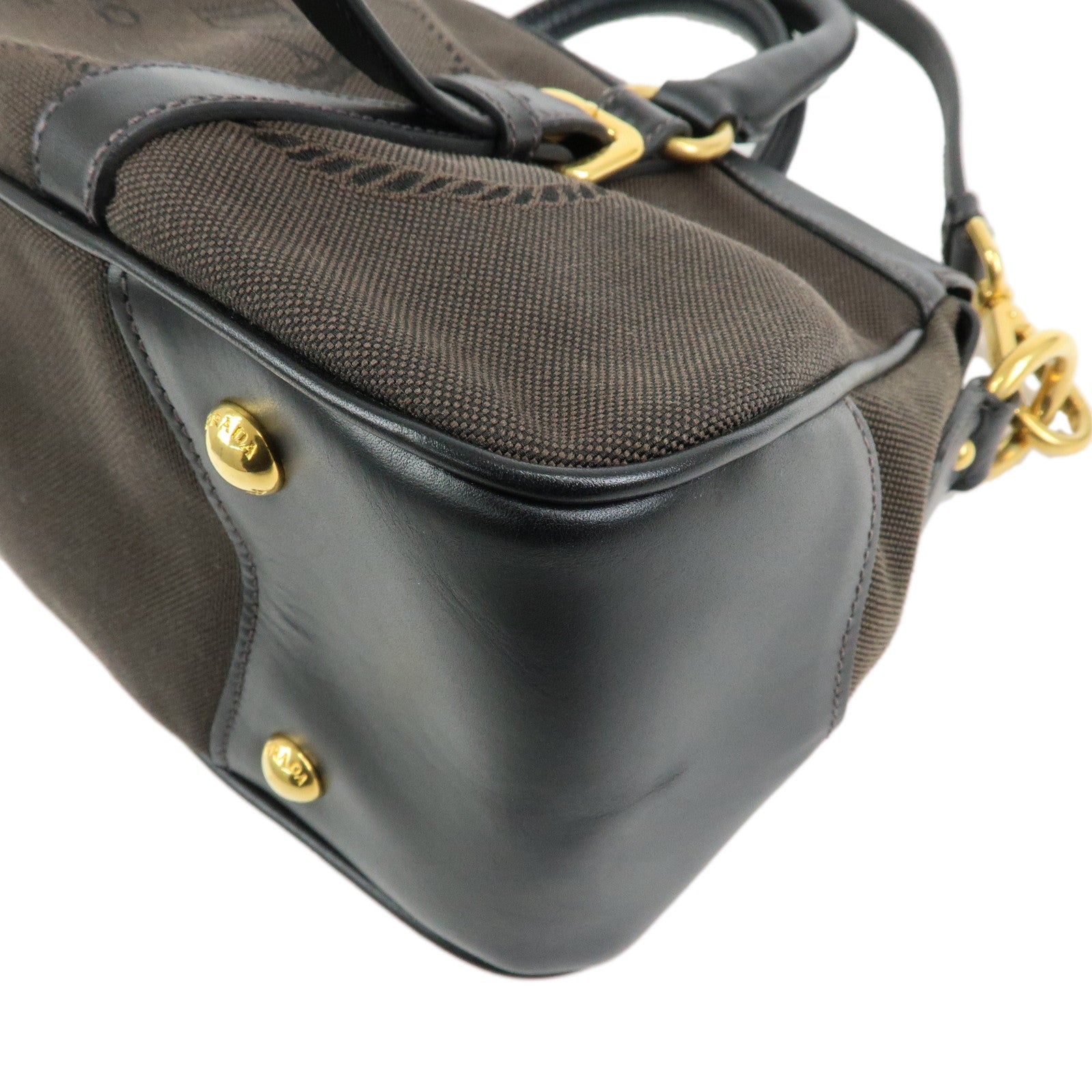PRADA Logo Jacguard Leather 2Way Bag Hand Bag Shoulder Bag Brown