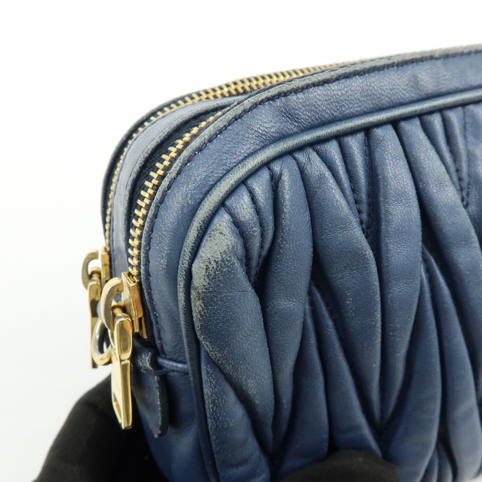 MIU MIU Matelasse Leather Gathered Shoulder Bag Crossbody Bag Navy