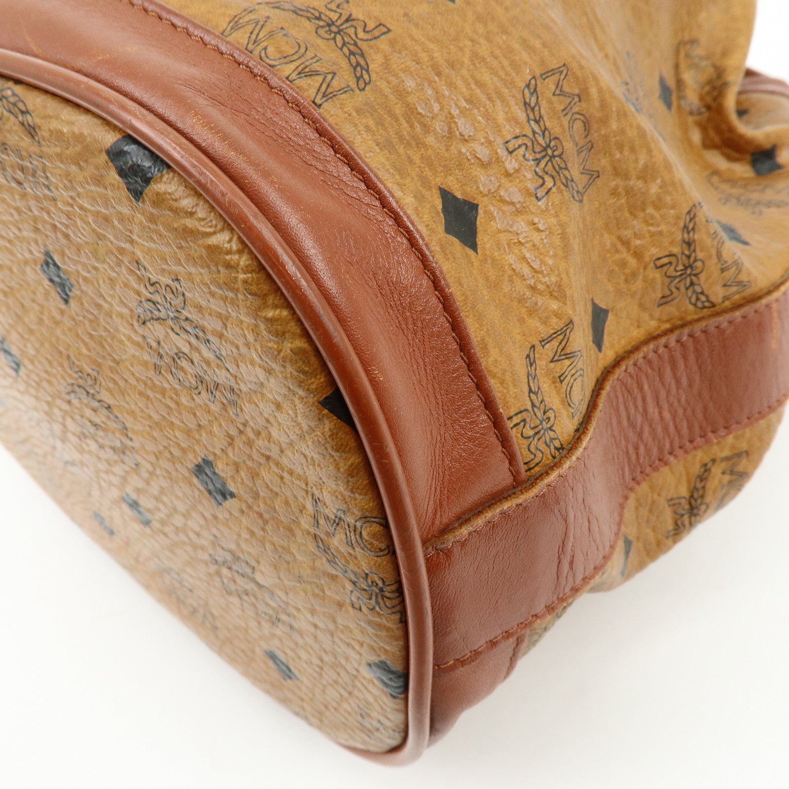 MCM Visetos Leather Drawstring Shoulder Bag Crossbody Bag Brown