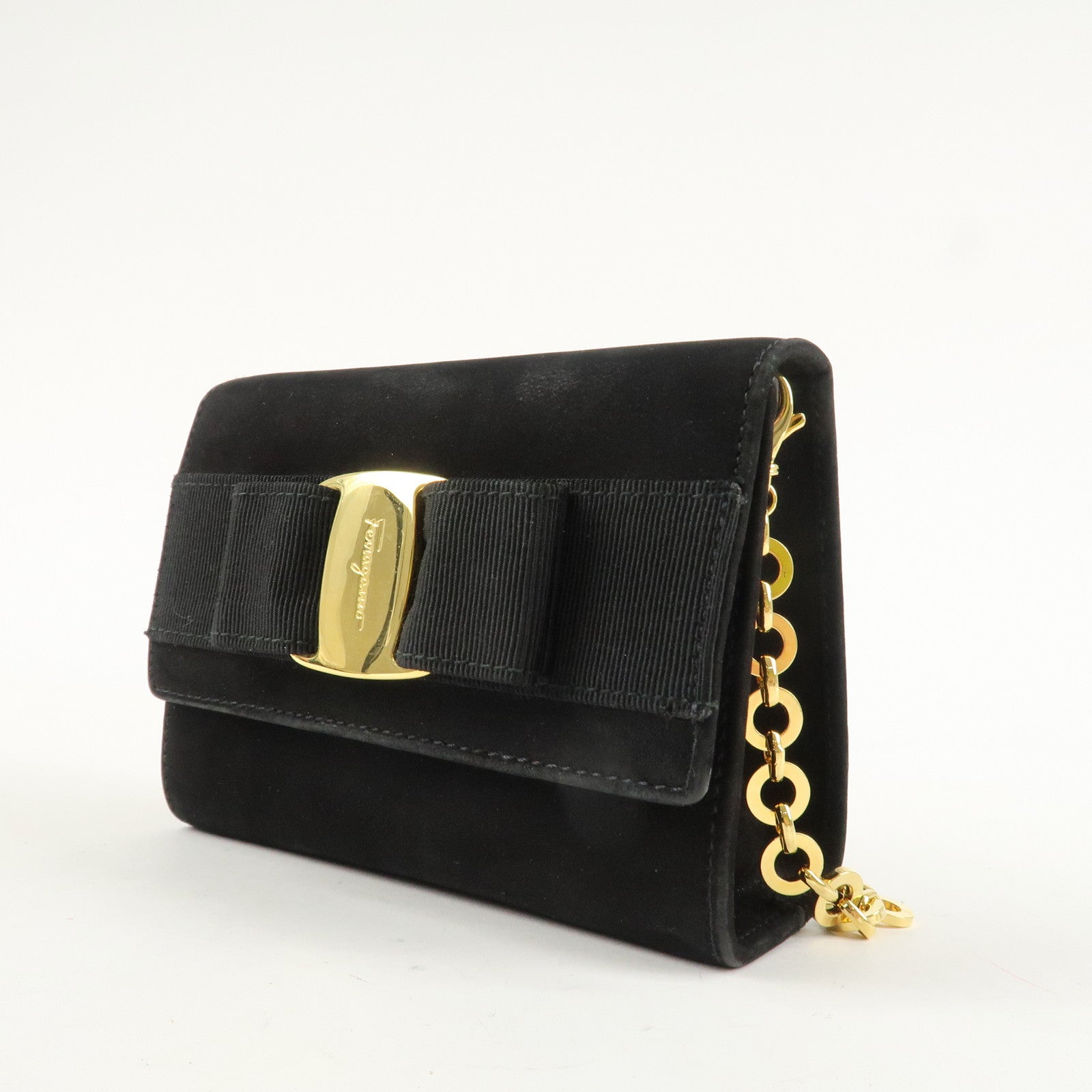 Ferragamo Vara Ribbon Suede Mini Chain Shoulder Bag Hand Bag Black Used