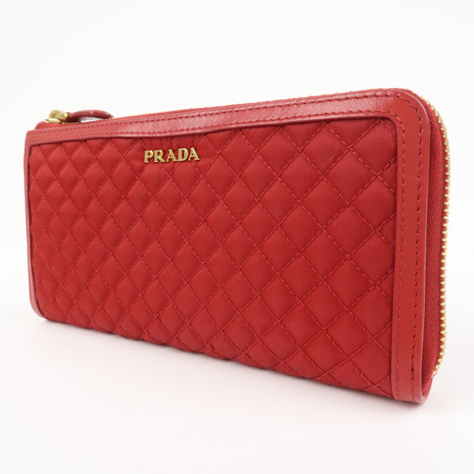 PRADA Nylon Leather L Fastener Zippy Long Wallet Red 1ML183