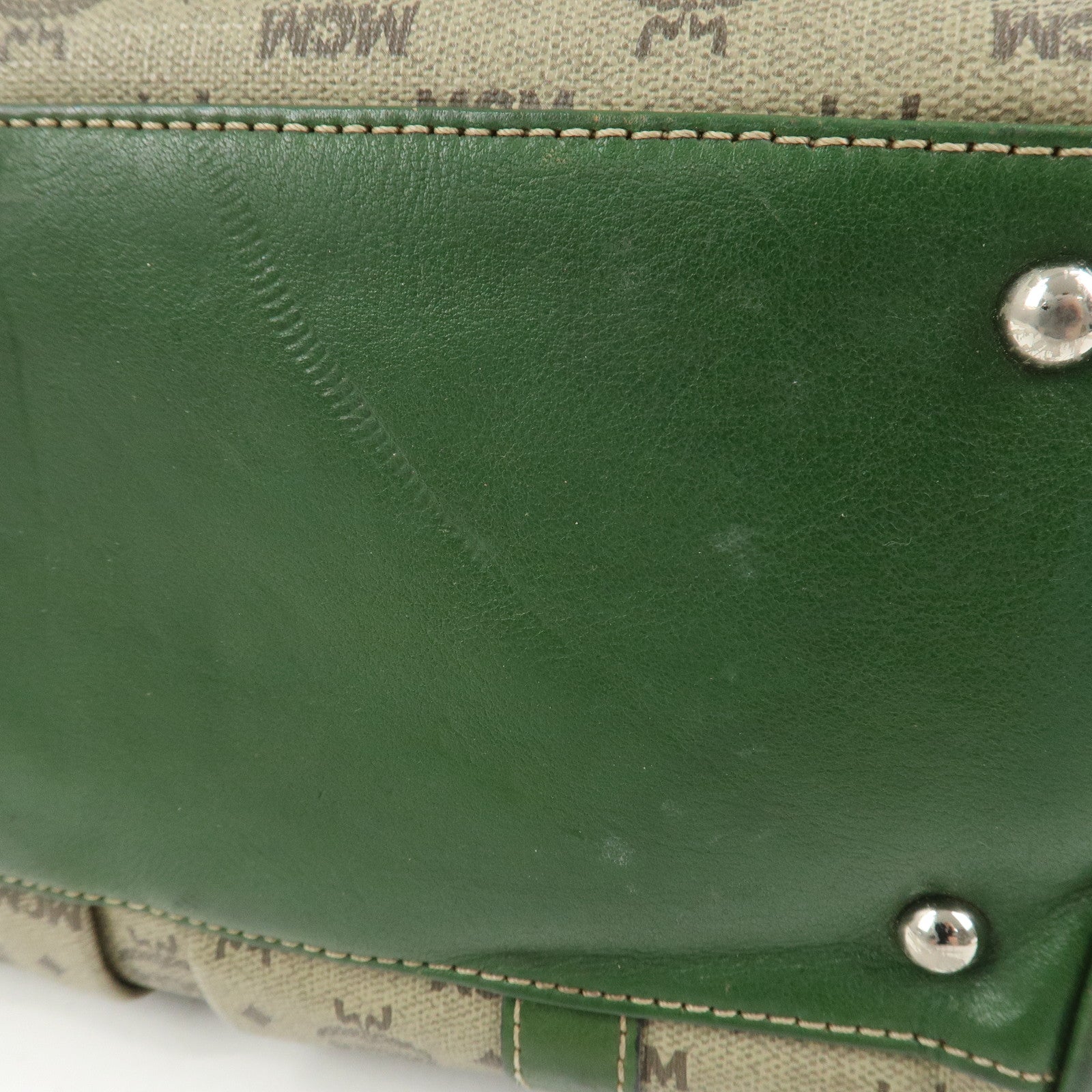 MCM Visetos PVC Coating Canvas Leather Boston Bag Beige Green