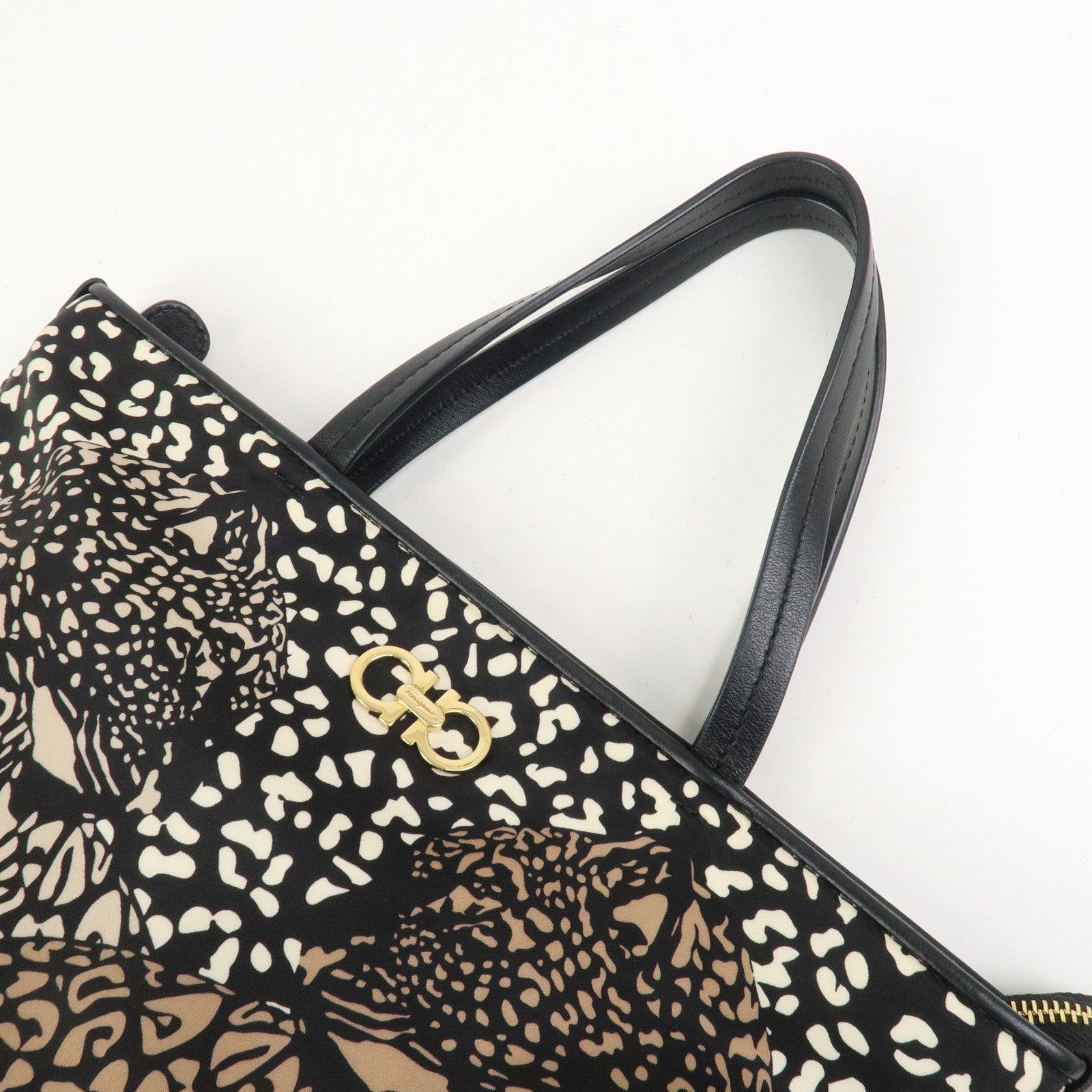 Ferragamo Gancini Nylon Leather Tote Bag Hand Bag Leopard Black