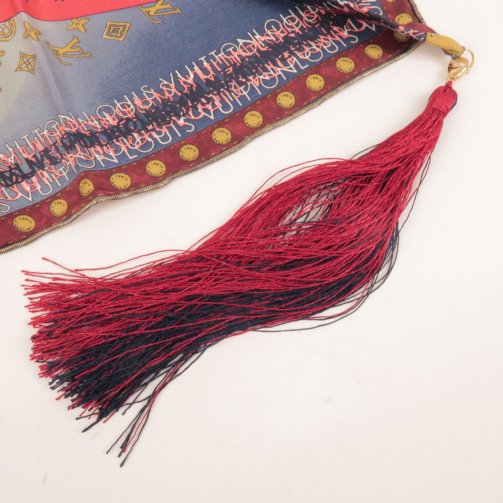 Louis Vuitton 100% Silk Scarf 65x65 Tassel Red Gold