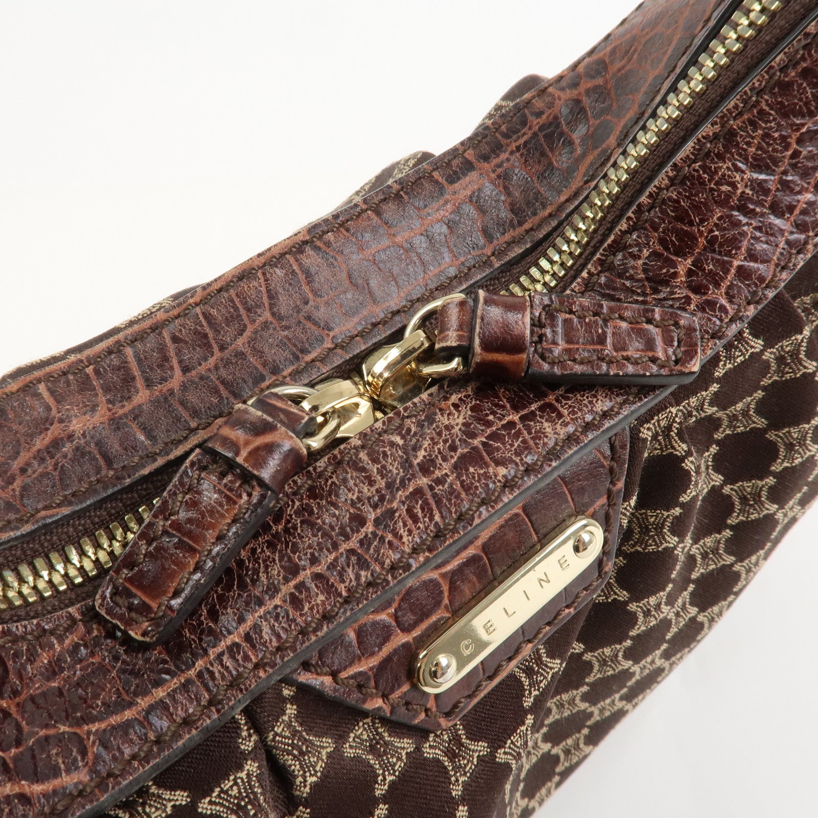 CELINE Macadam Canvas Embossed Leather Bittersweet Shoulder Bag