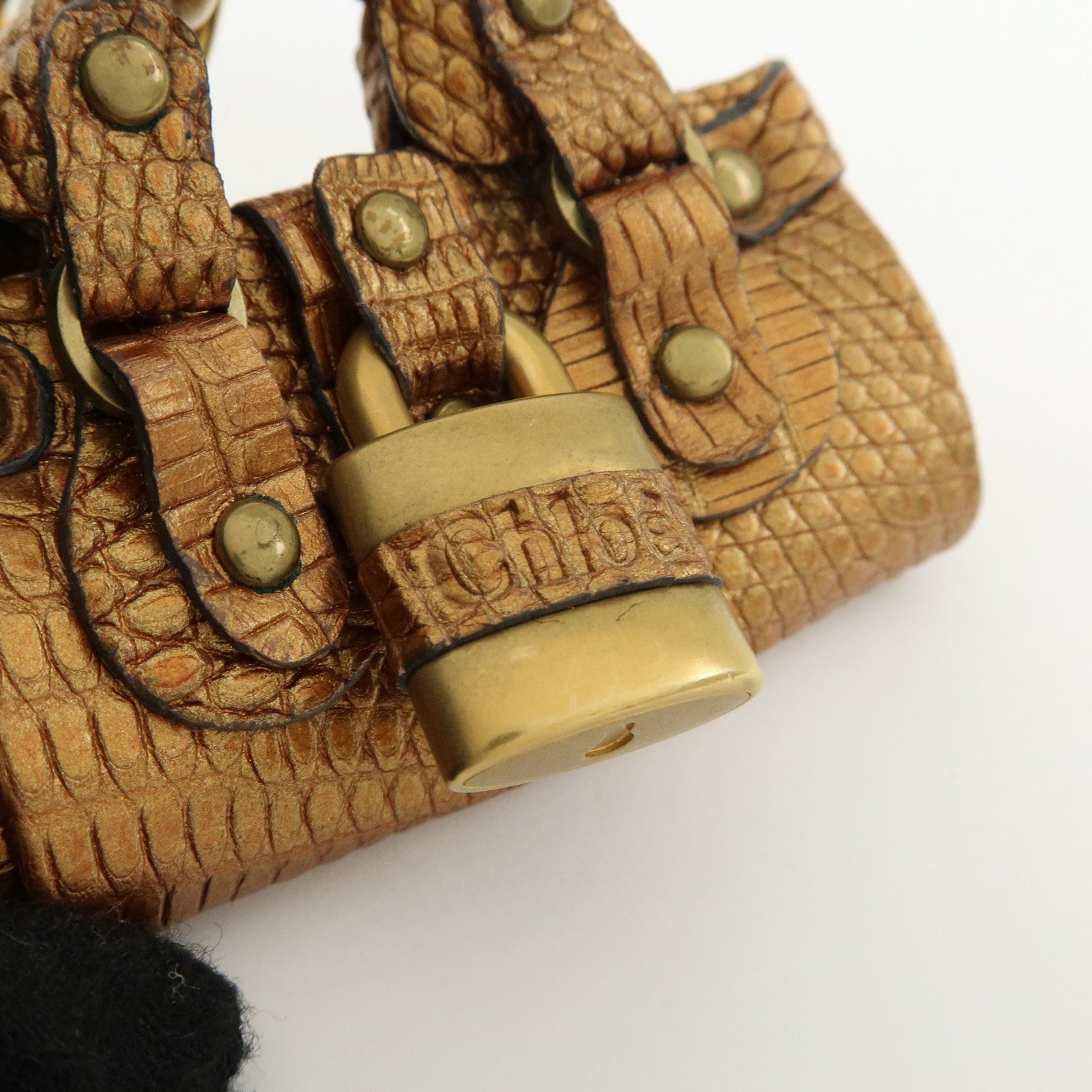Chloe Paddington Embossed Leather Bag Charm Metallic Brown