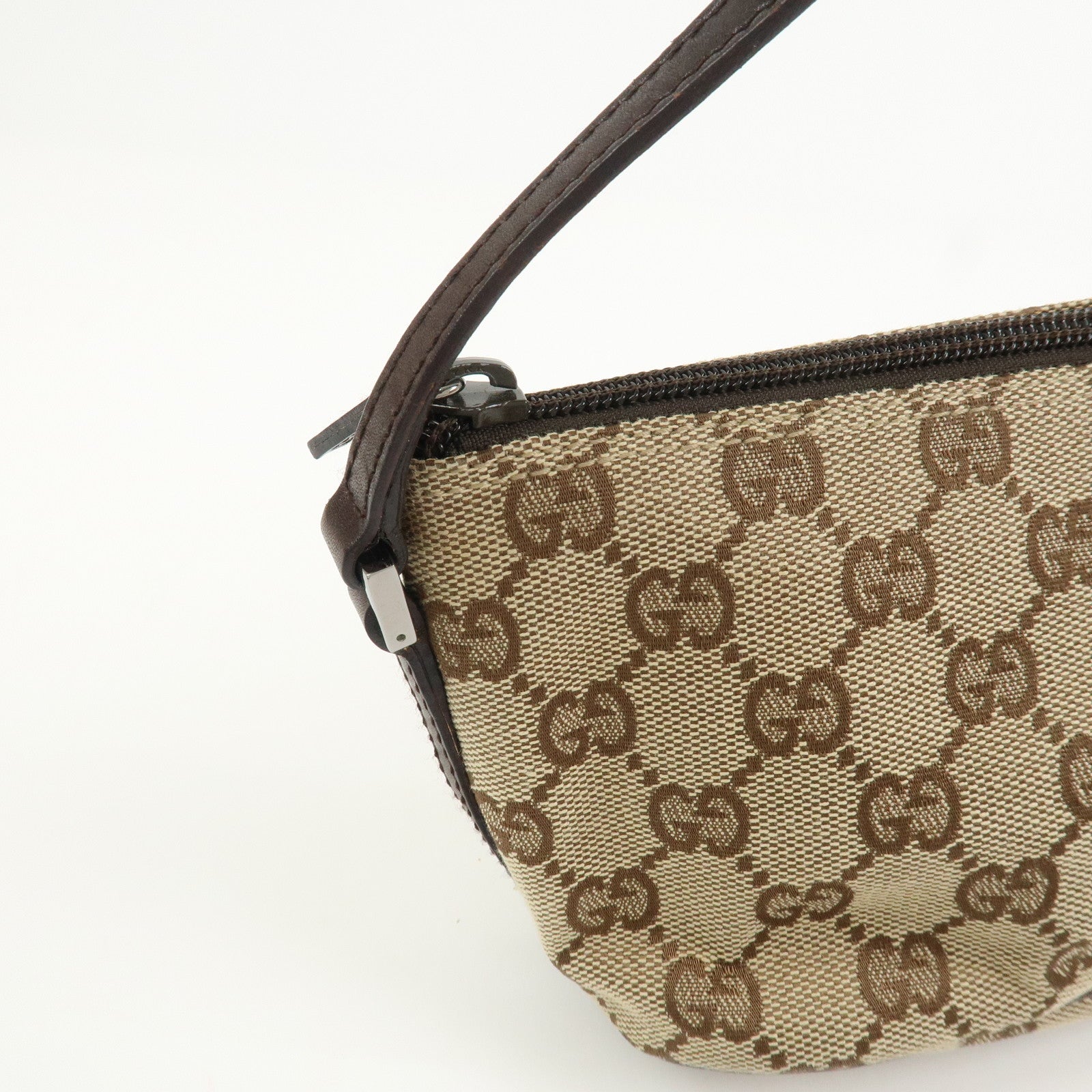 GUCCI Boat Bag GG Canvas Leather Hand Bag Pouch Beige Brown 07198