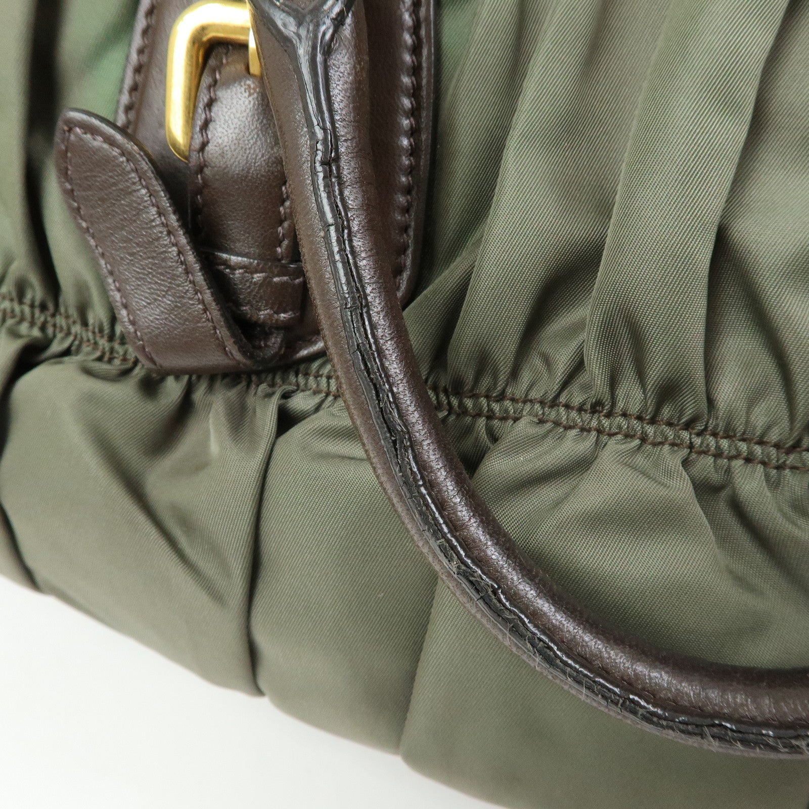 PRADA Nylon Leather Gathered 2Way Bag Hand Bag Khaki BN1407