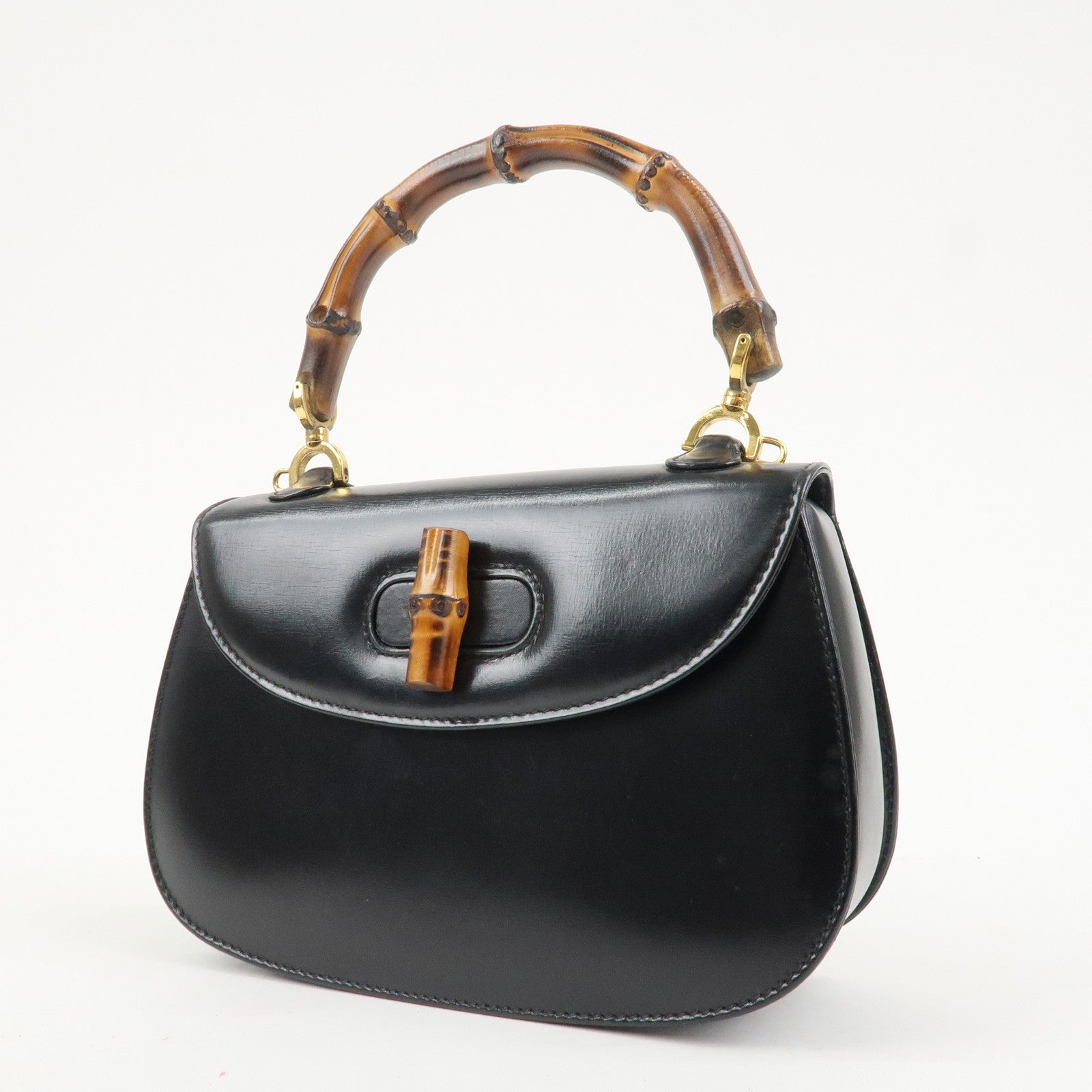GUCCI Bamboo Logo Leather 2WAY Bag Hand Bag Black 000 2046